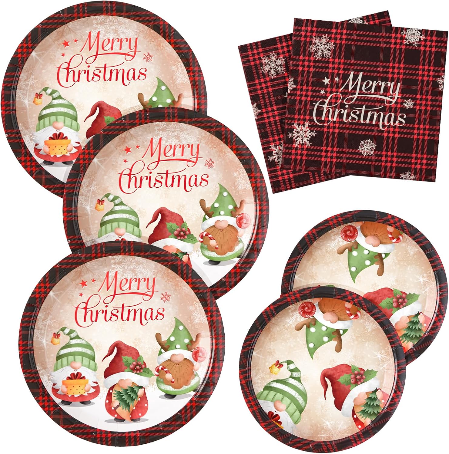 HOMIX Christmas Paper Plates and Napkins, Serves 50 Holiday Gnomes Plates Napkins Set Dinnerware for Christmas Party Supplies