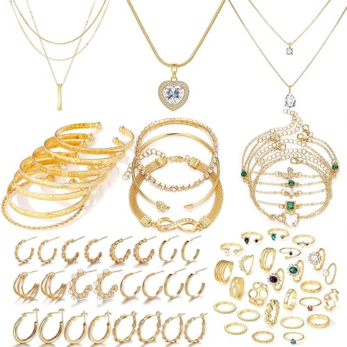 IFKM Gold Plated Jewelry Set for Women,14k Gold Plated Multi Layer Necklaces Stackable Bangle Bracelets Stackable Knuckle Rings Hoop Earrings Set Anniversary Trendy Elegance Charms Anniversary Birthday Jewelry Gift
