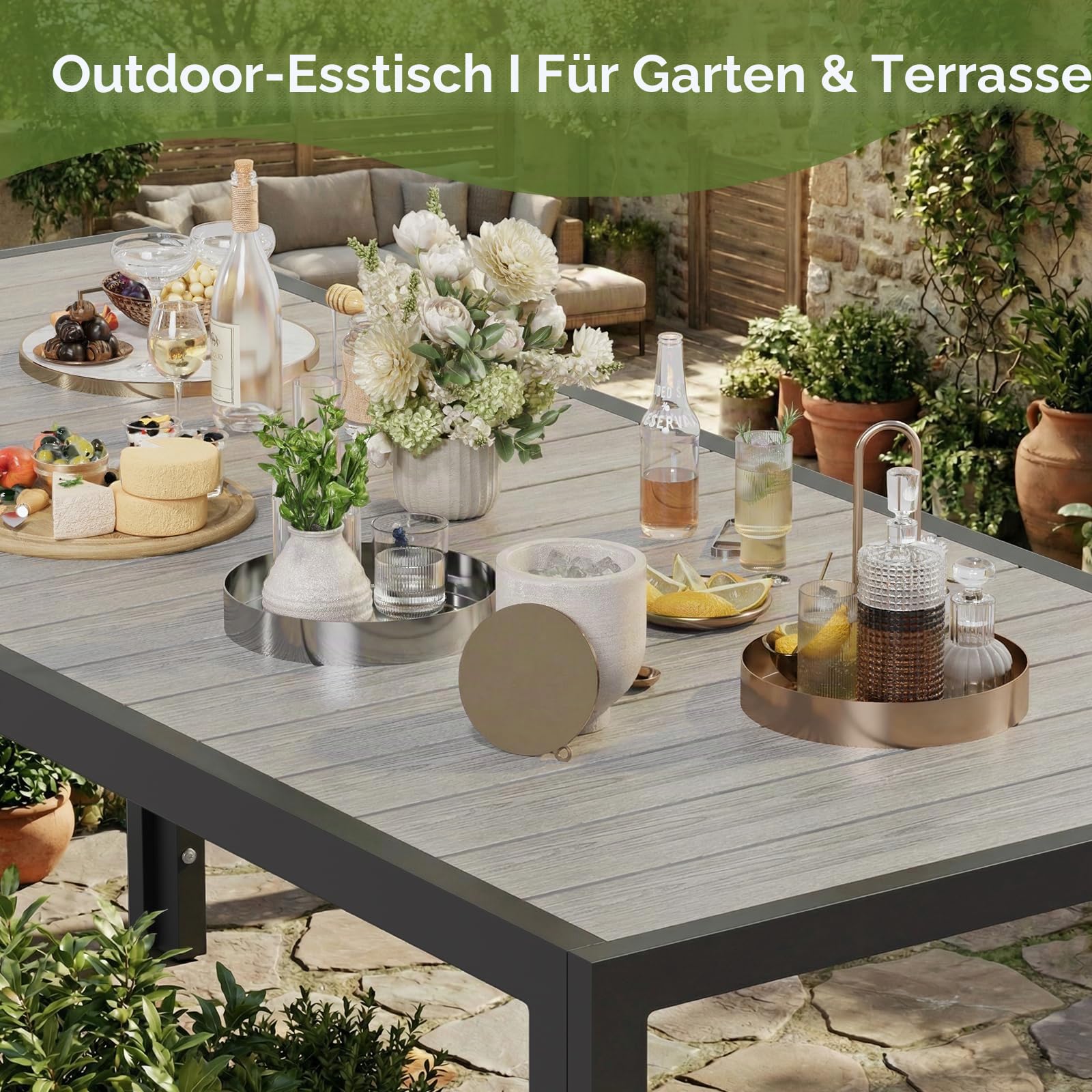 JUMMICO Gartenmöbel Set Klappbar, 5-Fach Verstellbarer Aluminium Sessel mit Holztisch, Wetterfestes Terrassenmöbel für Balkon und Garten