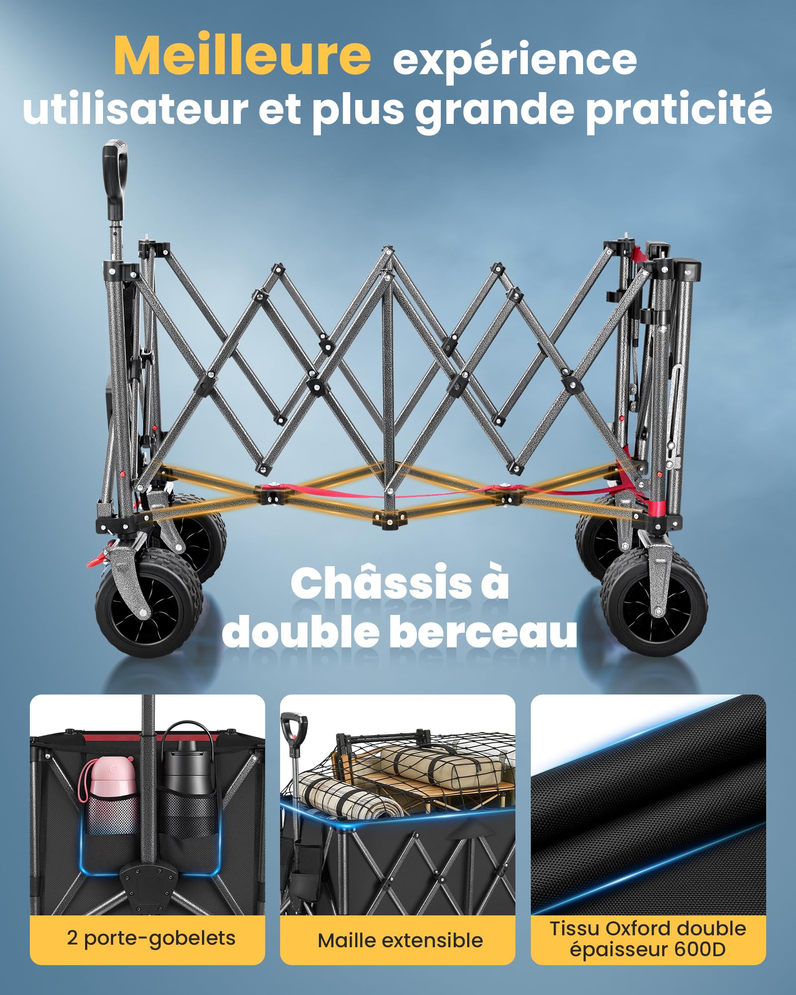 YEAUPE PRO Chariot Pliable 260L 250KG, Chariot de Plage Tout-Terrain Léger 13KG, Roues Large 17cm, Multifonction pour Jardin, Courses, Plage, Pique-Nique & Activités Extérieures