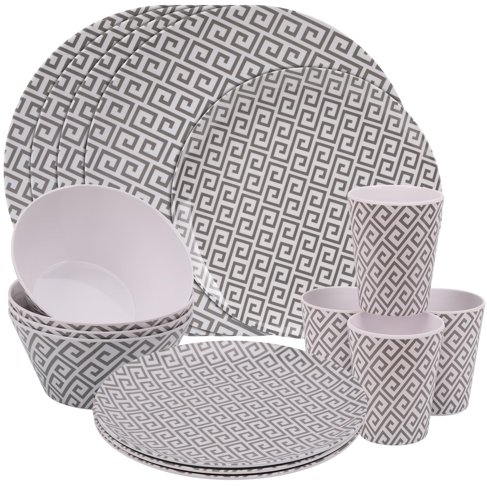 Trimming Shop 16 Piece Melamine Dinner Set | Plates, Dessert Plates, Bowls & Cups | Geometric Design | Party Dinnerware | Service for 4 | Reusable Dinnerware Set for Indoor, Outdoor, Picnic, Camping