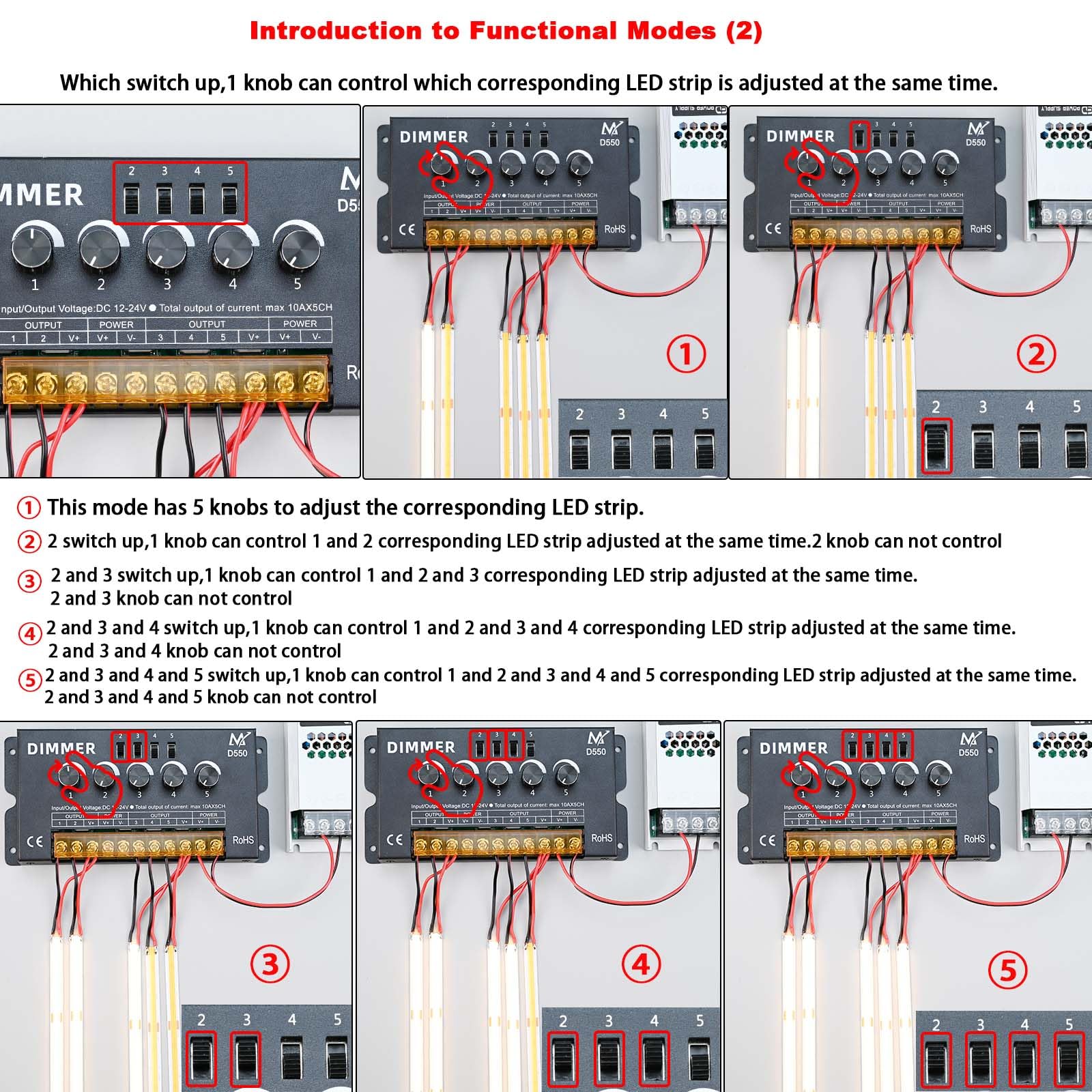 TOPAI Five Knob LED Strip Dimmer, Independent 5 Channel Control, PWM Dimming Controller, Output DC 12V-24V Max 50A - Image 4