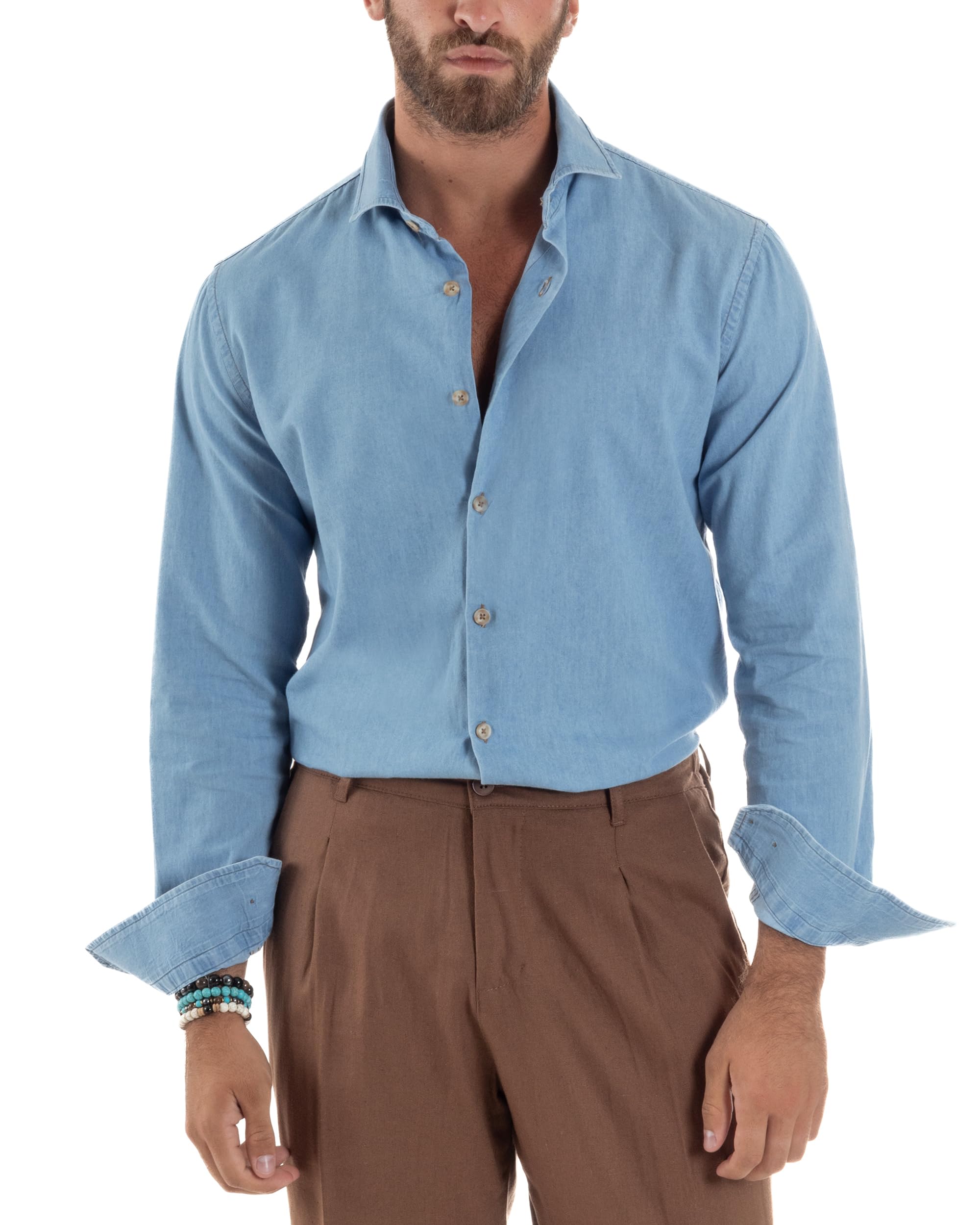 Camicia Uomo Jeans Collo Francese Denim Cotone Casual