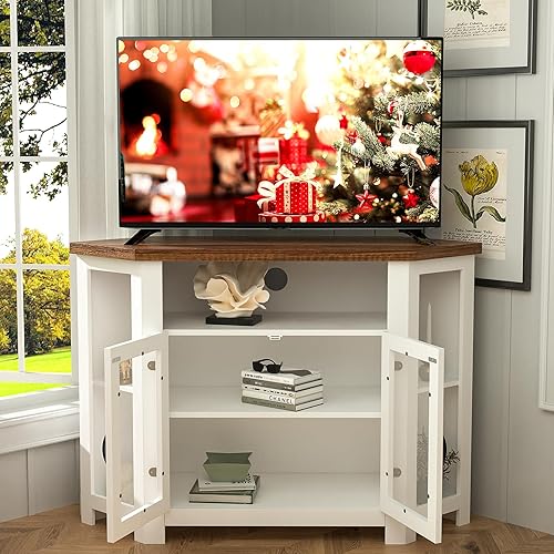 Miniatura 4 de Visionwards Soporte esquinero para TV, armario de TV esquinero blanco de 48 pulgadas con 2 puertas y estantes, mesa pequeña para consola multimedia,