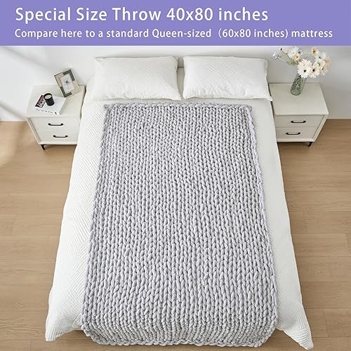 Miniatura 6 de Bigacogo Manta de punto grueso de 40 x 80 pulgadas, manta de felpilla 100% tejida a mano, manta grande de punto trenzado suave y grueso, manta