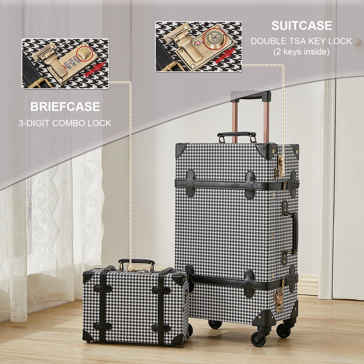 UNIWALKER Set di bagagli vintage, valigia retrò con ruote girevoli, serratura TSA e valigetta da portare a mano, per donne e uomini, Griglia, 2PCS-26"/12", Baule Vintage Spinner