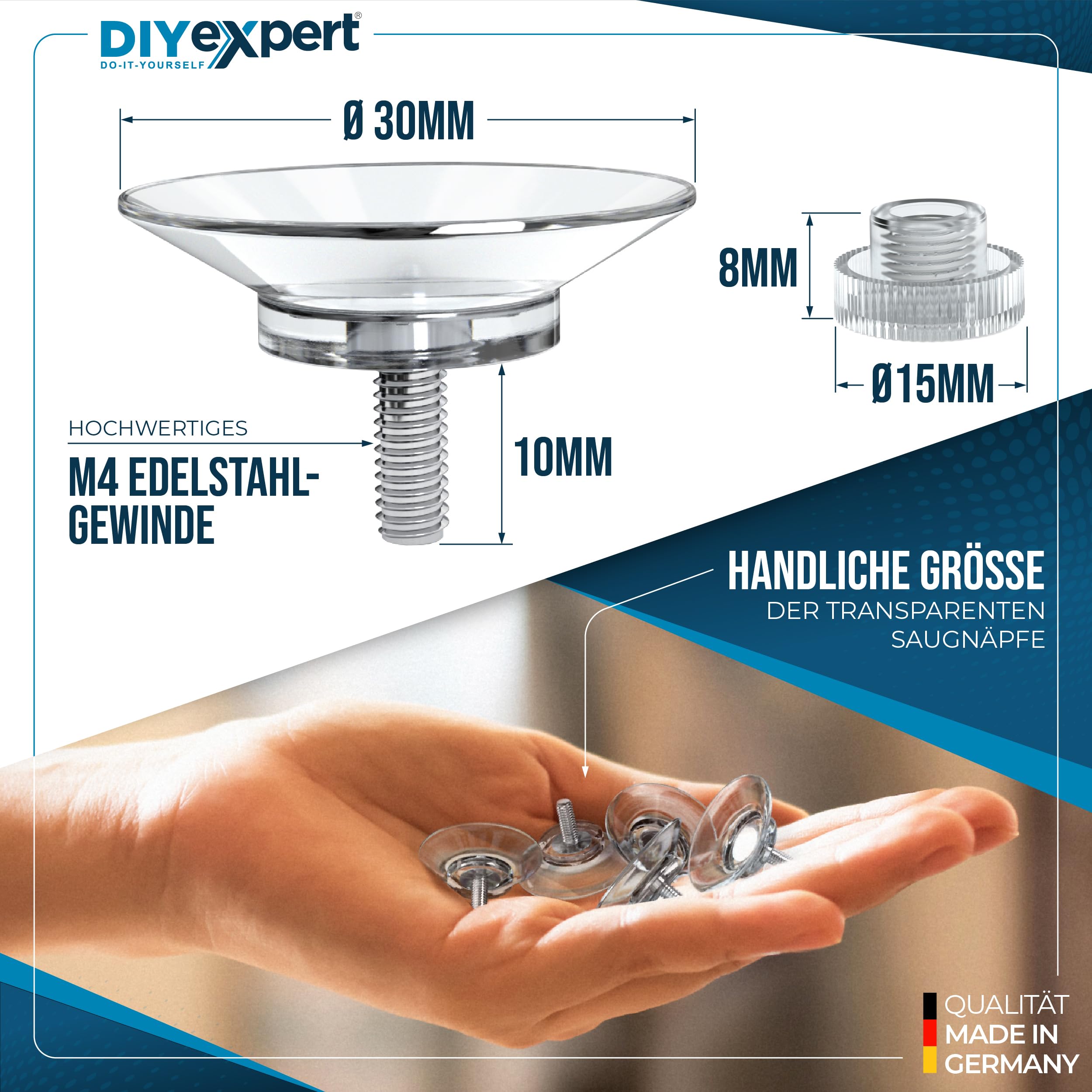 DIYexpert® 20 x przyssawka Ø 30 mm, z gwintem M4 x 10 mm, w zestawie nakrętki radełkowane przezroczyste - wyprodukowano w Niemczech