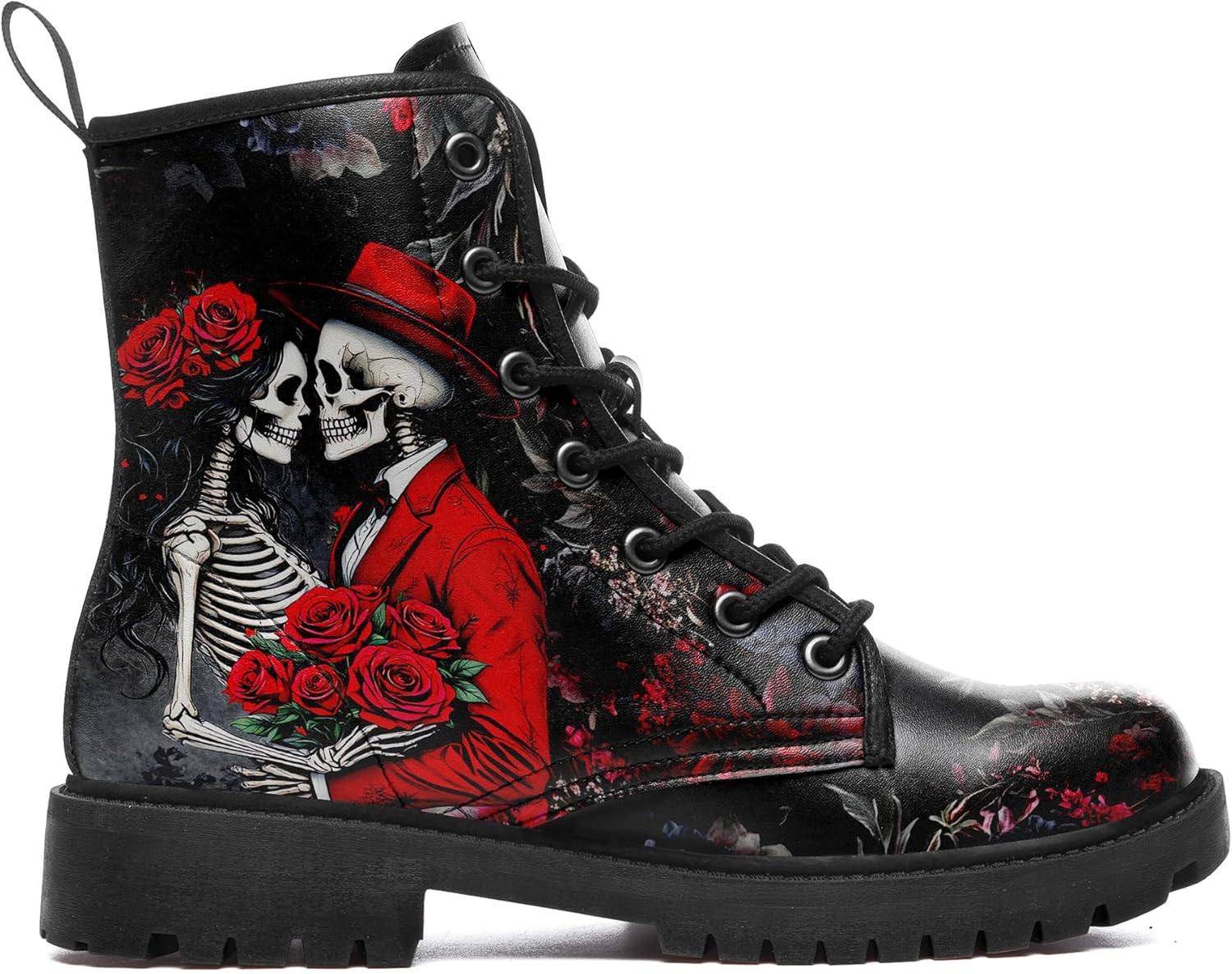 Gothic Combat Boots, Skull & Roses Lace-Up Ankle Boots for Men Women Hiking Work Punk Platform Booties