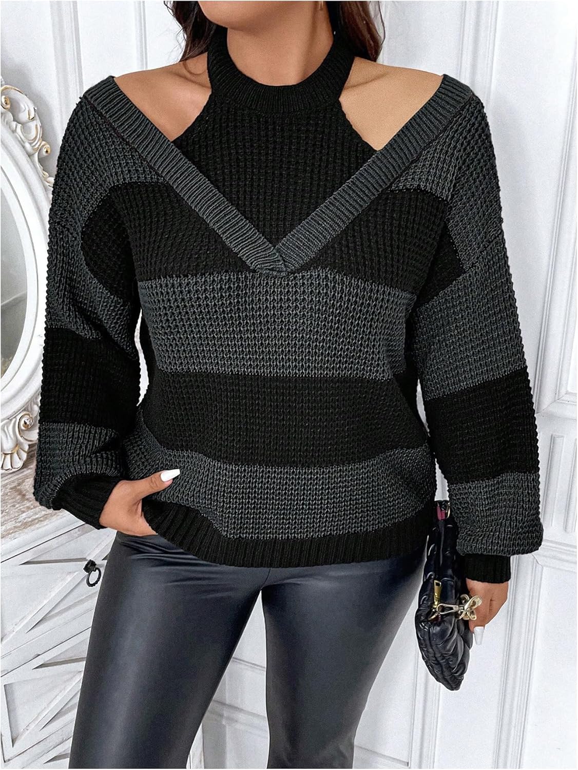 WDIRARA Women's Plus Size Striped Cut Out Sweater Color Block Long Sleeve Knitted Tops - Image 5