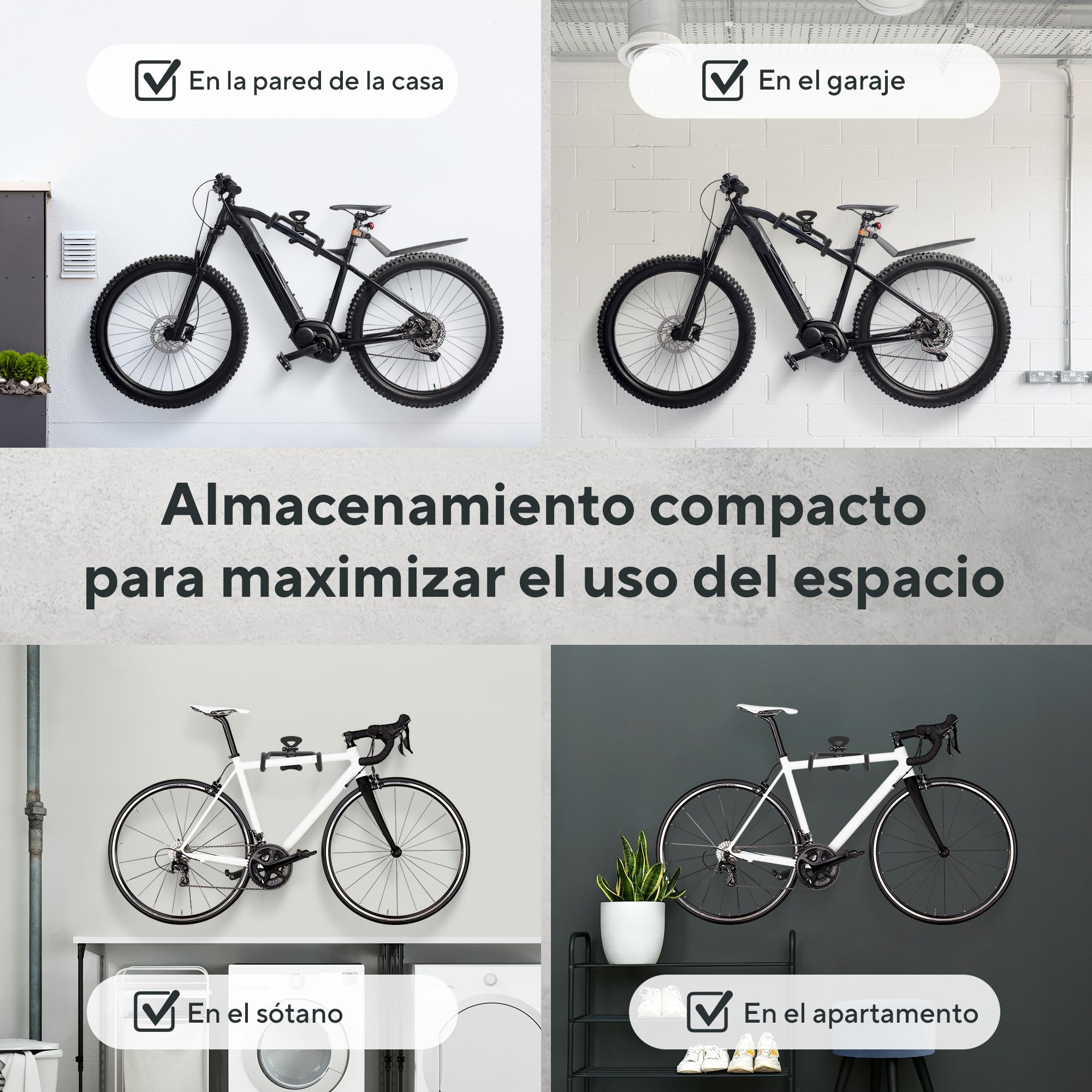 Soporte Bicicletas Pared Horizontal Plegable – Colgador Bicicleta Pared para E-Bike, MTB, Gravel y Carretera hasta 25 kg | Soporte Bici para Garaje, Trastero y Casa | Gancho Bici