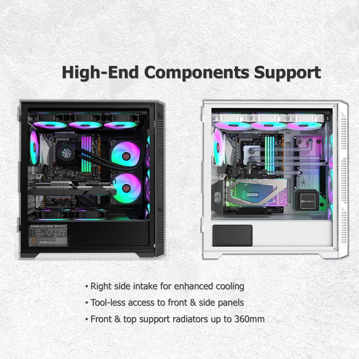 RAIJINTEK PONOS Ultra TG4 E-ATX Mid Tower PC Case, Opening Tempered Glass Side Panel, Pre-Install 4 ARGB Fans, Black (0R20B00225)