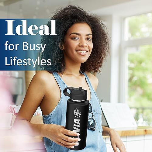 Miniatura 8 de shop4ever Botella de agua de acero inoxidable aislada personalizada para niños de 32 onzas con tapa superior abatible y popote, grabado