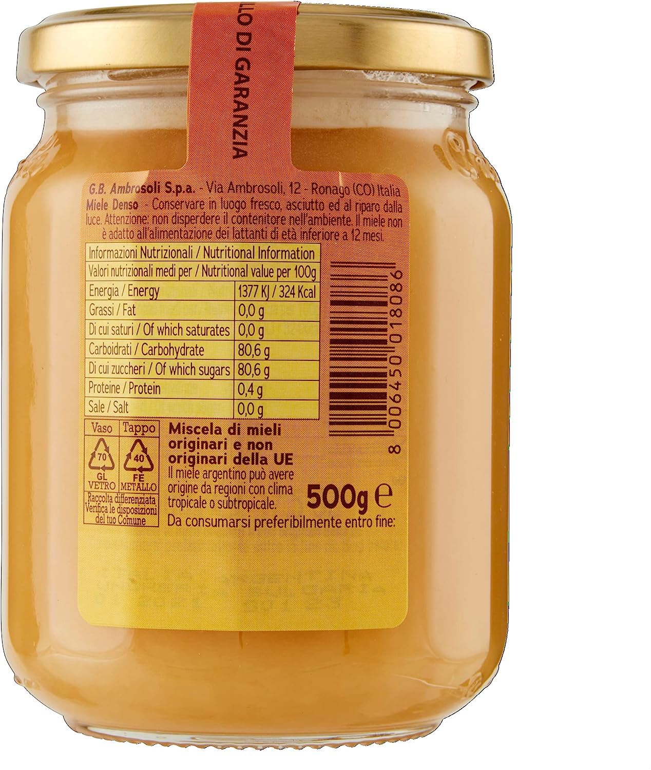 Italian Gourmet Crema di Miele Denso Honig Brotaufstrich cremig 12 x 500g | Dolce e vellutato; perfekt für Frühstück, Desserts, Tee und warme Getränke, Gesamtnettogewicht 6 kg + Kostenlos Polpa 400g