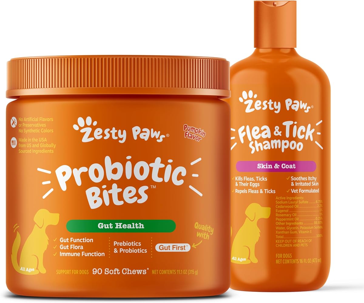 Zesty Paws Probiotic Bites + Flea and Tick Shampoo for Dogs