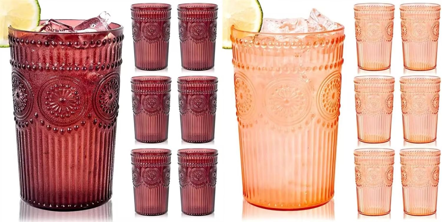 Ciaell 12 Pack Burgundy Romantic Plastic Water Glasses - 12 Pack Amber Romantic Plastic Water Glasses for Party & Anniversary & Wedding