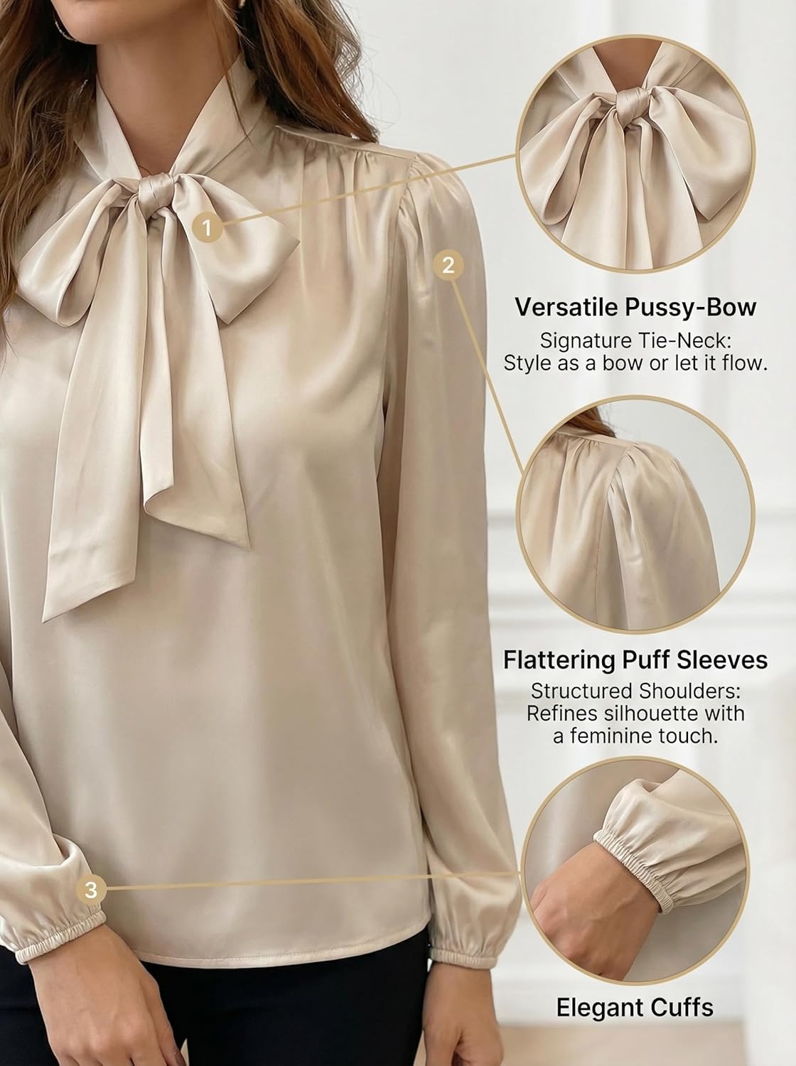 CUPSHE Women's Blouses Long Sleeve Satin Shirts Bow Tie High Neck Tops Dressy Casual - Image 4