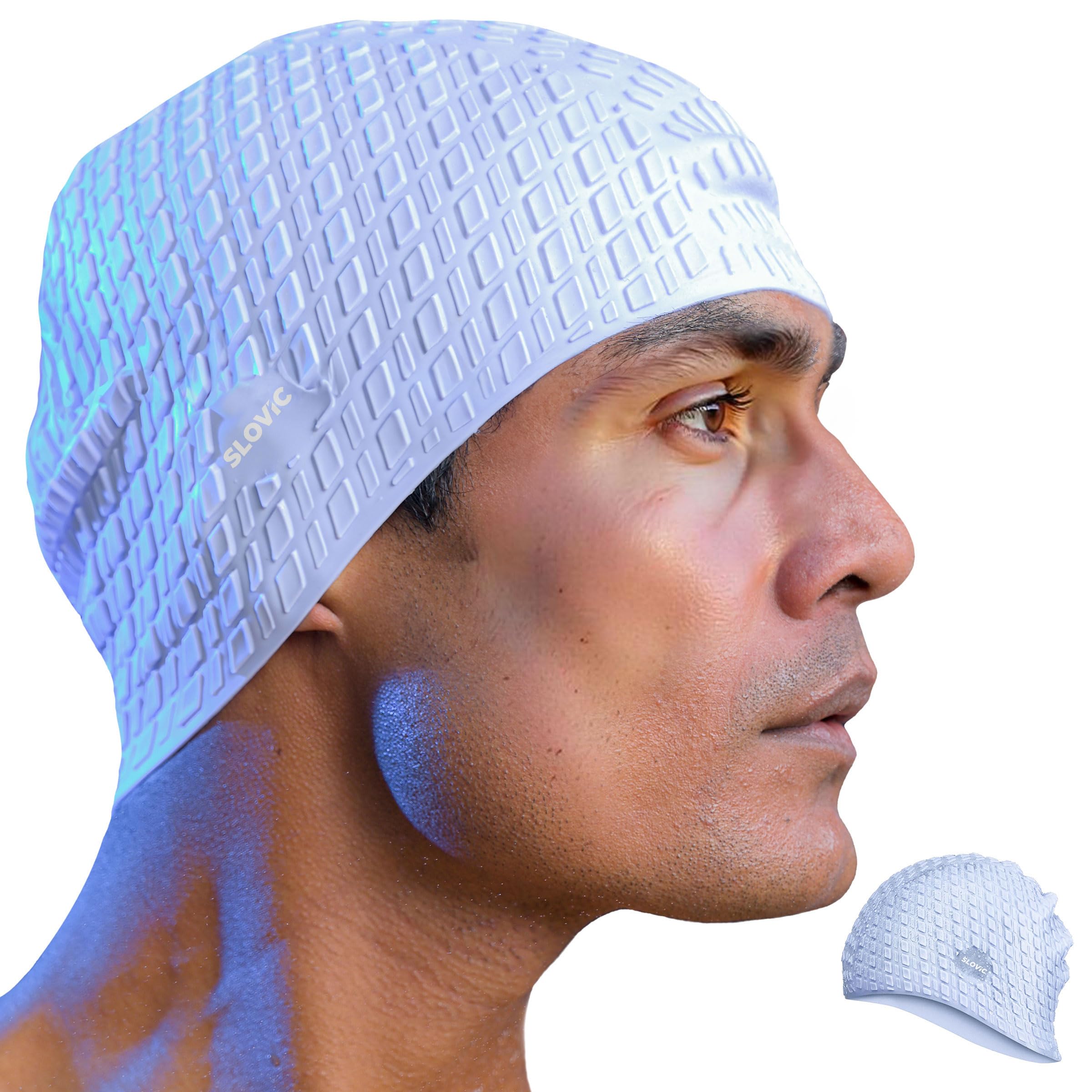 Slovic Swimming Cap for Men & Women [Blue] | Swimming Caps for Women with Long Hair | Swimming Accessories for Men & Women | Unisex & Waterproof Silicon Cap to Prevent Chemical Damage | Free Size