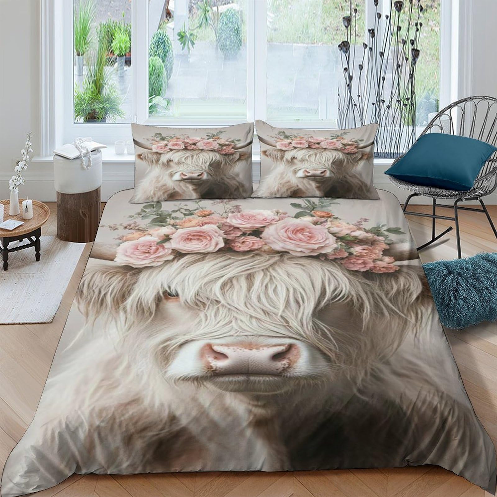 Ctjqhvkz Style-10 3D Printed Highland Cow Floral Fitted Sheet Microfiber Soft Non Slip Bed Cover For Bedroom Dorm Apartment Decor Single（135X200cm）