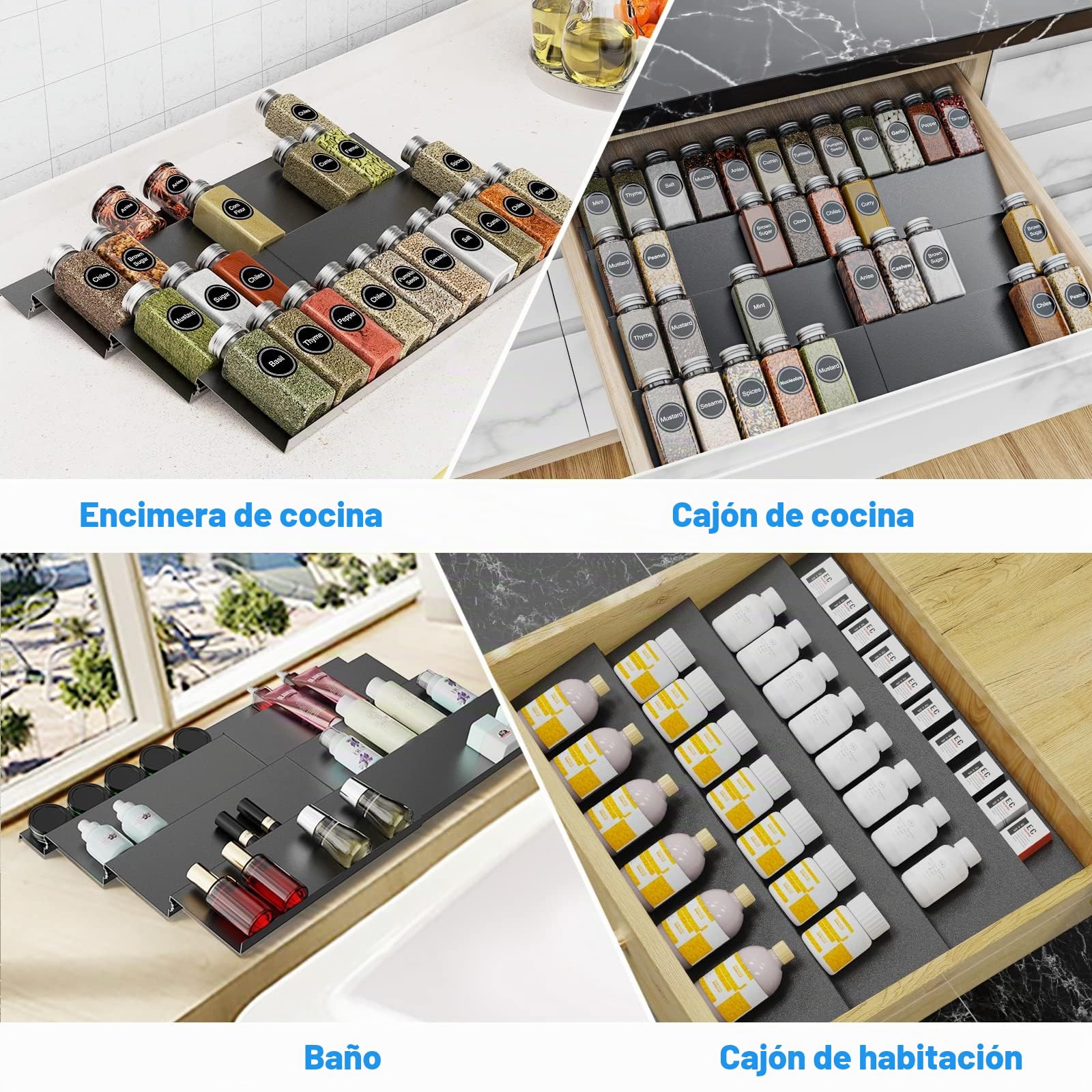 Especiero de Cajón, Especieros para Cocina en 4 Niveles, Organizador de Especias de 29 cm a 58 cm, Inserto de Especias para Diferentes Anchos de Cajones - Negro, Aluminio