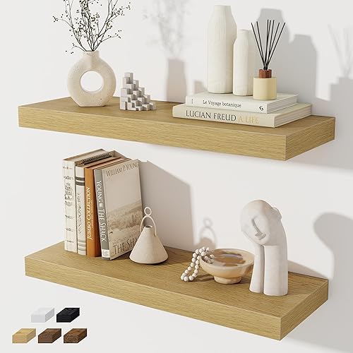 Miniatura 55 de Estantes flotantes para pared, juego de 2 estantes flotantes de 28 pulgadas, estante de madera rústica montado en la pared para baño, sala de estar,