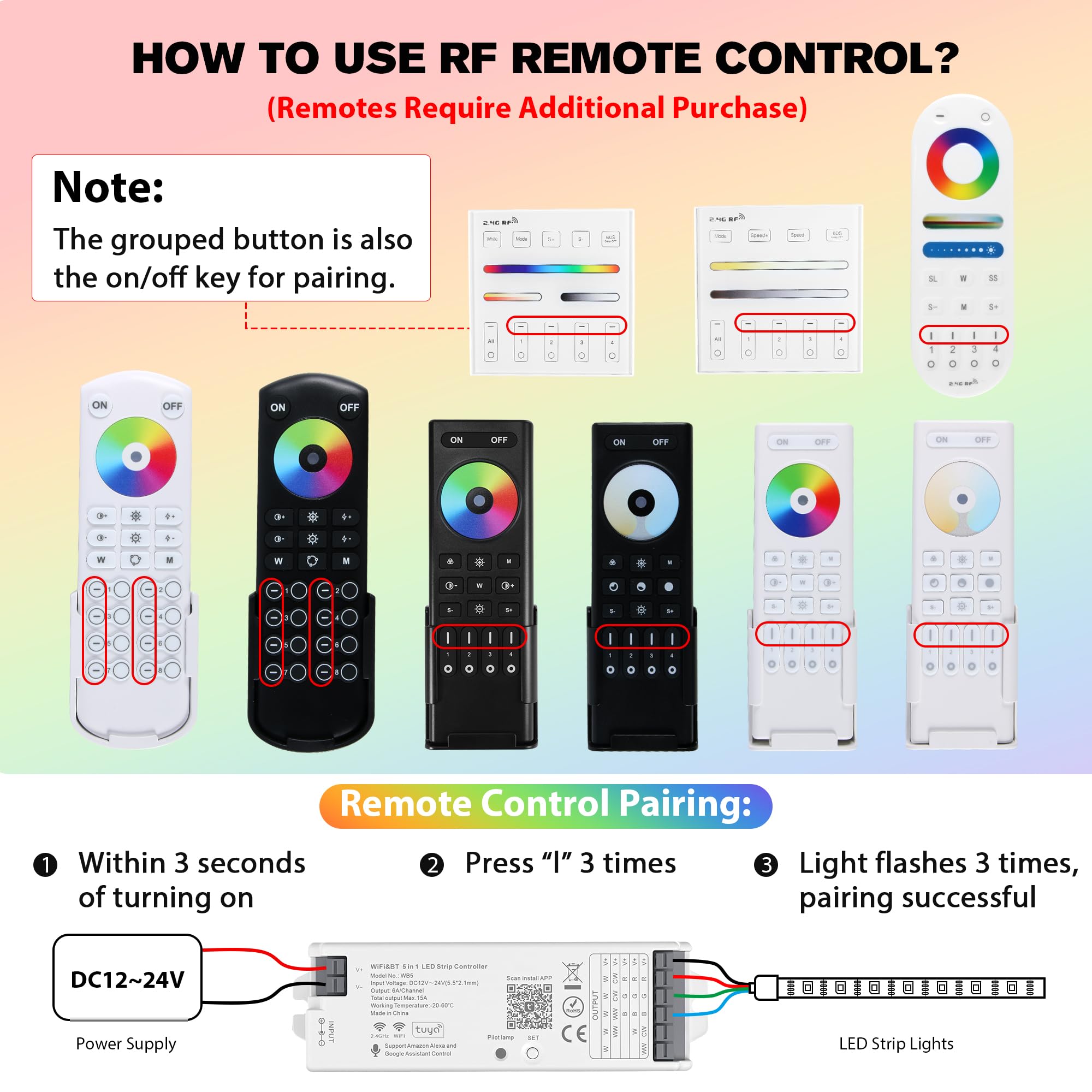 LM091+WB5 - Kit de mando a distancia WiFi para RGB CCT RGBW regulación, tira de luces LED, control inalámbrico RF de 4 zonas + controlador LED 5 en 1 CC 12-24 V compatible con Alexa Google Home