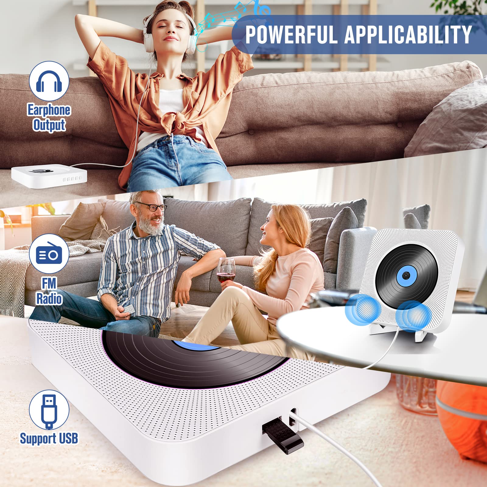 Odtwarzacz CD Bluetooth z Głośnikiem Hi-Fi, Naścienny Odtwarzacz CD do Domu, FM/USB/Wejście Słuchawkowe AUX,CD-Player z Pilotem Zdalnego Sterowania