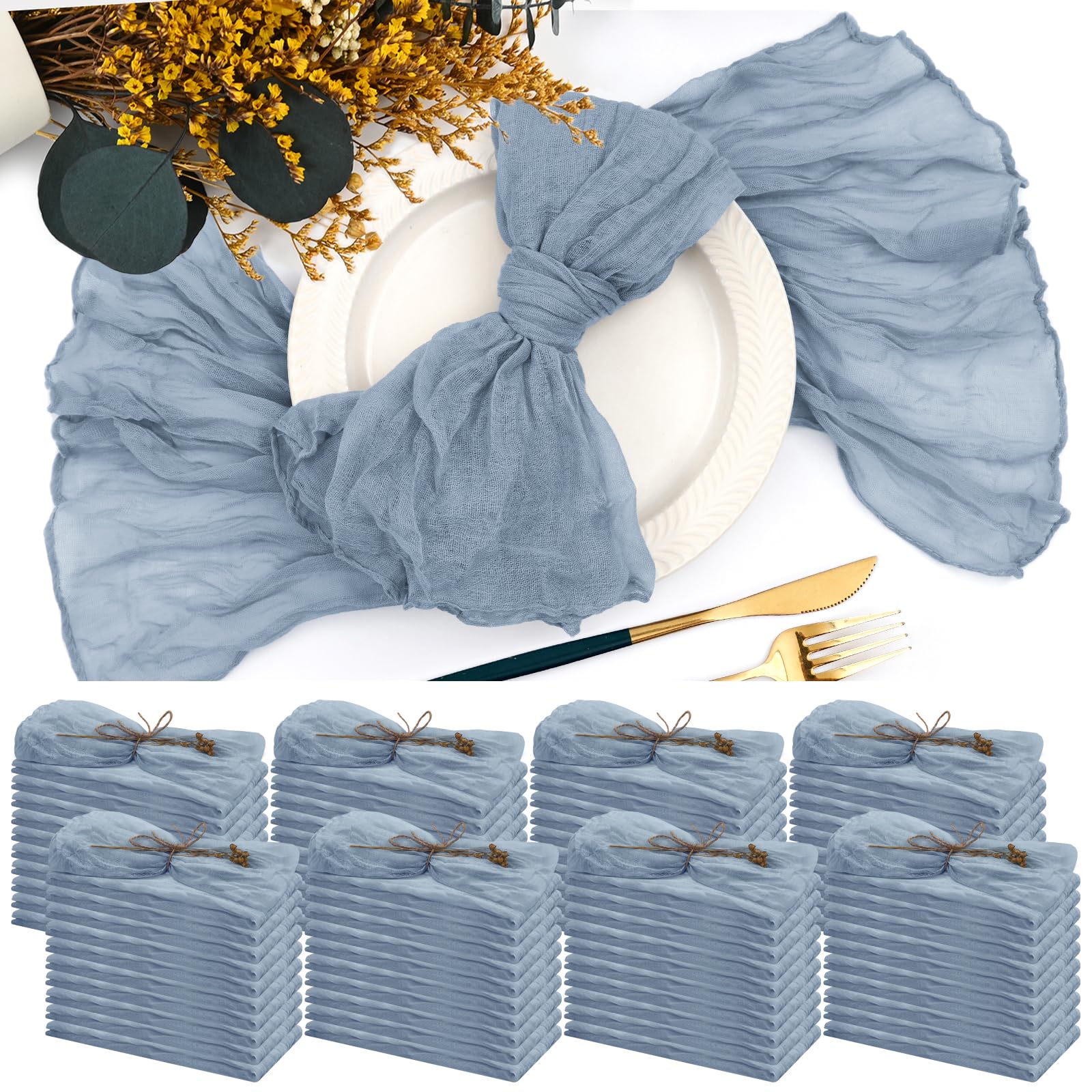 Serviettes en mousseline douces bleu poussière froissées pour repas de fête