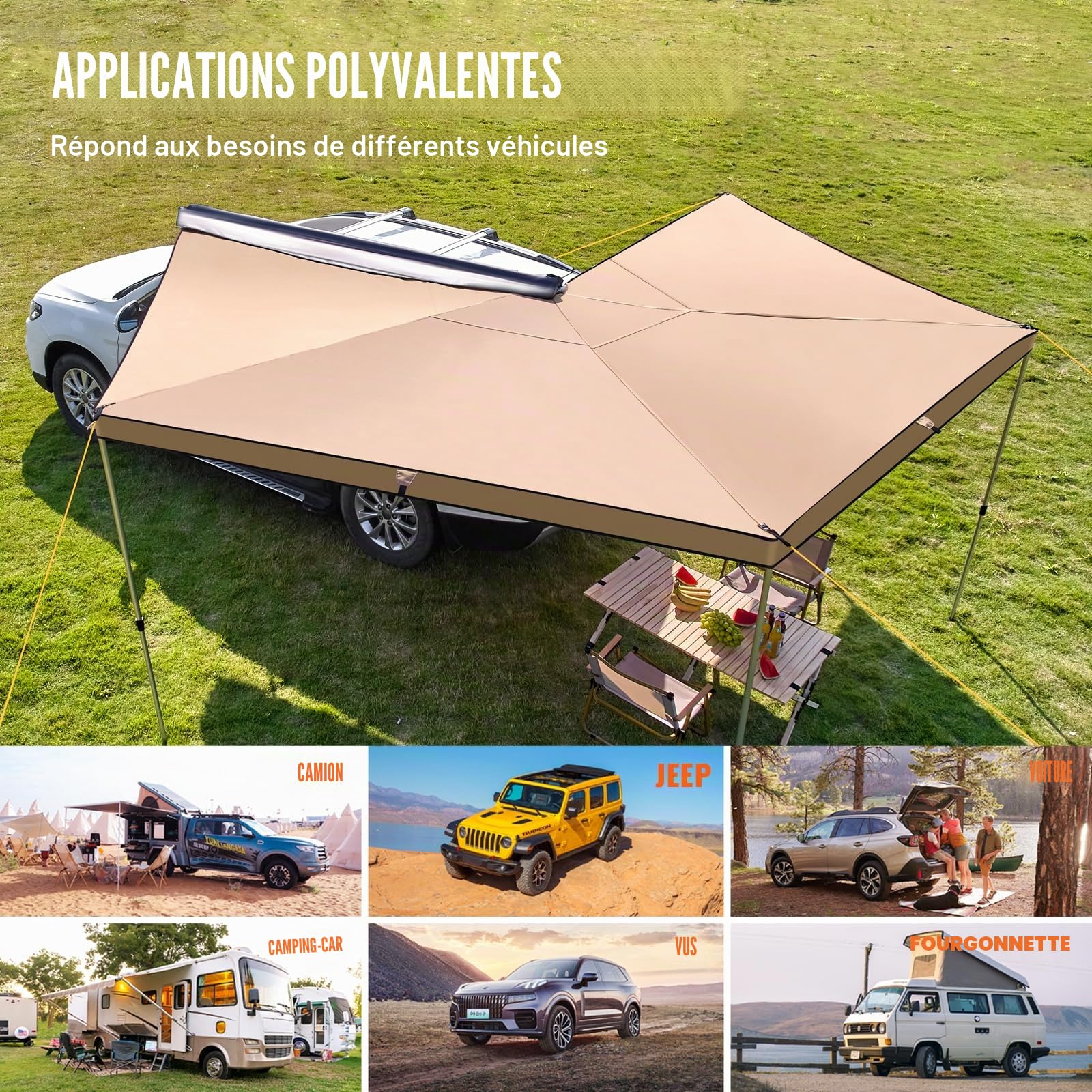 VEVOR Auvent Voiture Rétractable 270° 2,5 m Auvent Latéral Voiture PU3000 mm UV50+ Résistant Soleil/Eau/Vent avec Sac de Rangement en PVC, Auvent sur Côté/à l'Arrière pour Camions, SUV, Fourgonnettes