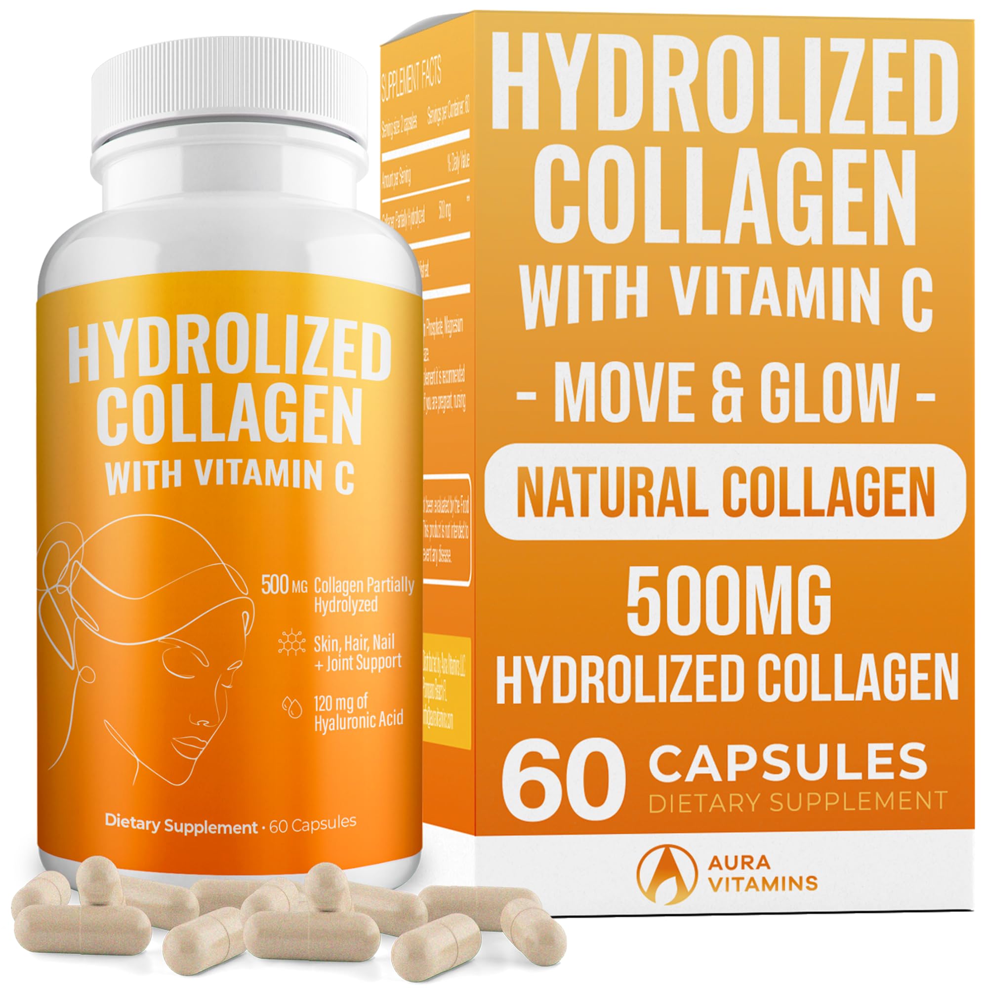 AURA VITAMINS Hydrolyzed Collagen Powder Supplement | Promotes Hair, Nail, Skin, Bone, Joint Health, Gut Health | Hydrolyzed Grass Fed Collagen Peptides |Collagen for Women