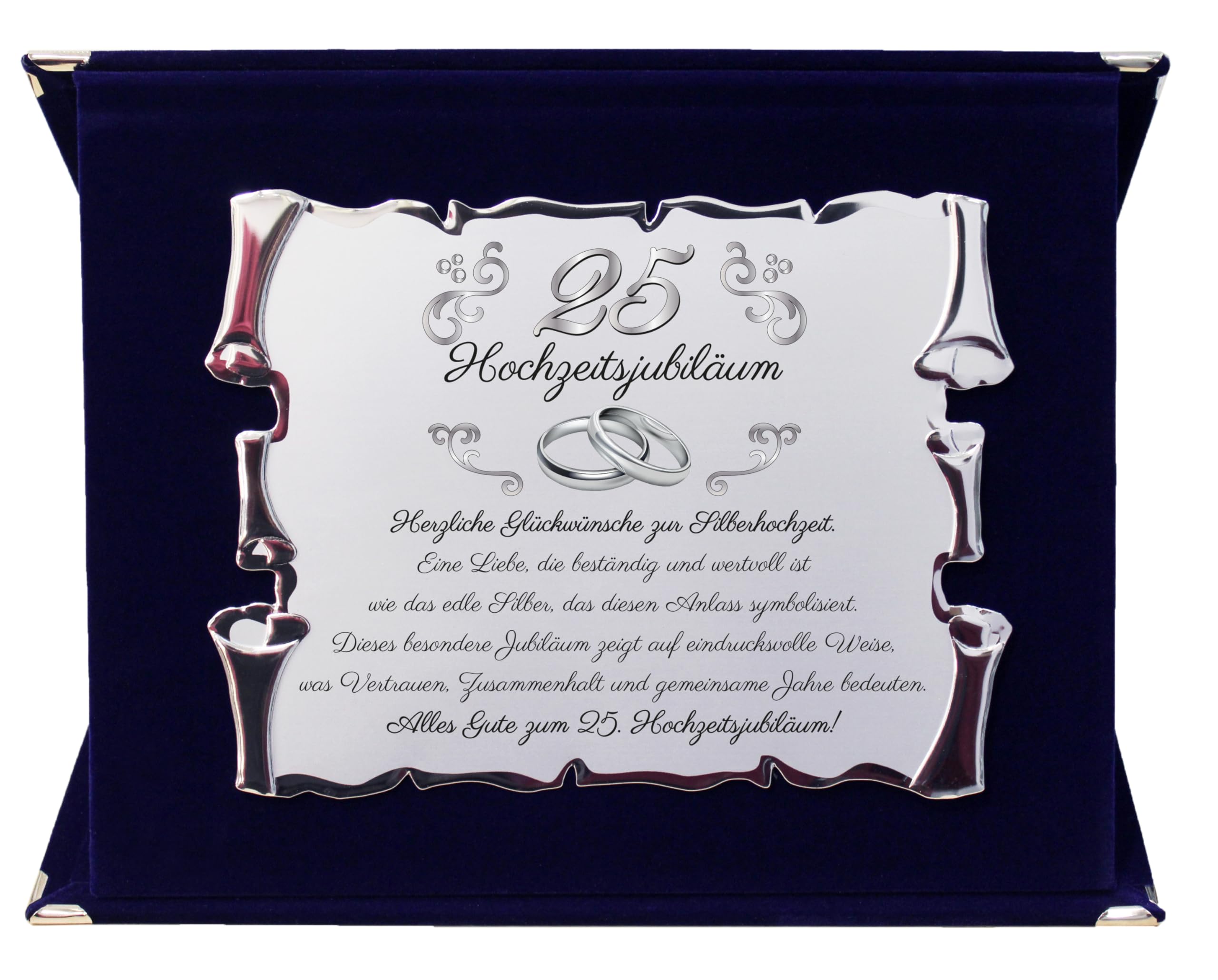 25. Hochzeitsjubiläum – Geschenk zur Silberhochzeit für Eltern, Großeltern & Freunde – Elegante silberfarbene Pergamenttafel in Samtbox – Besondere Erinnerung zum Ehejubiläum (Blau, 25 Hochzeit)