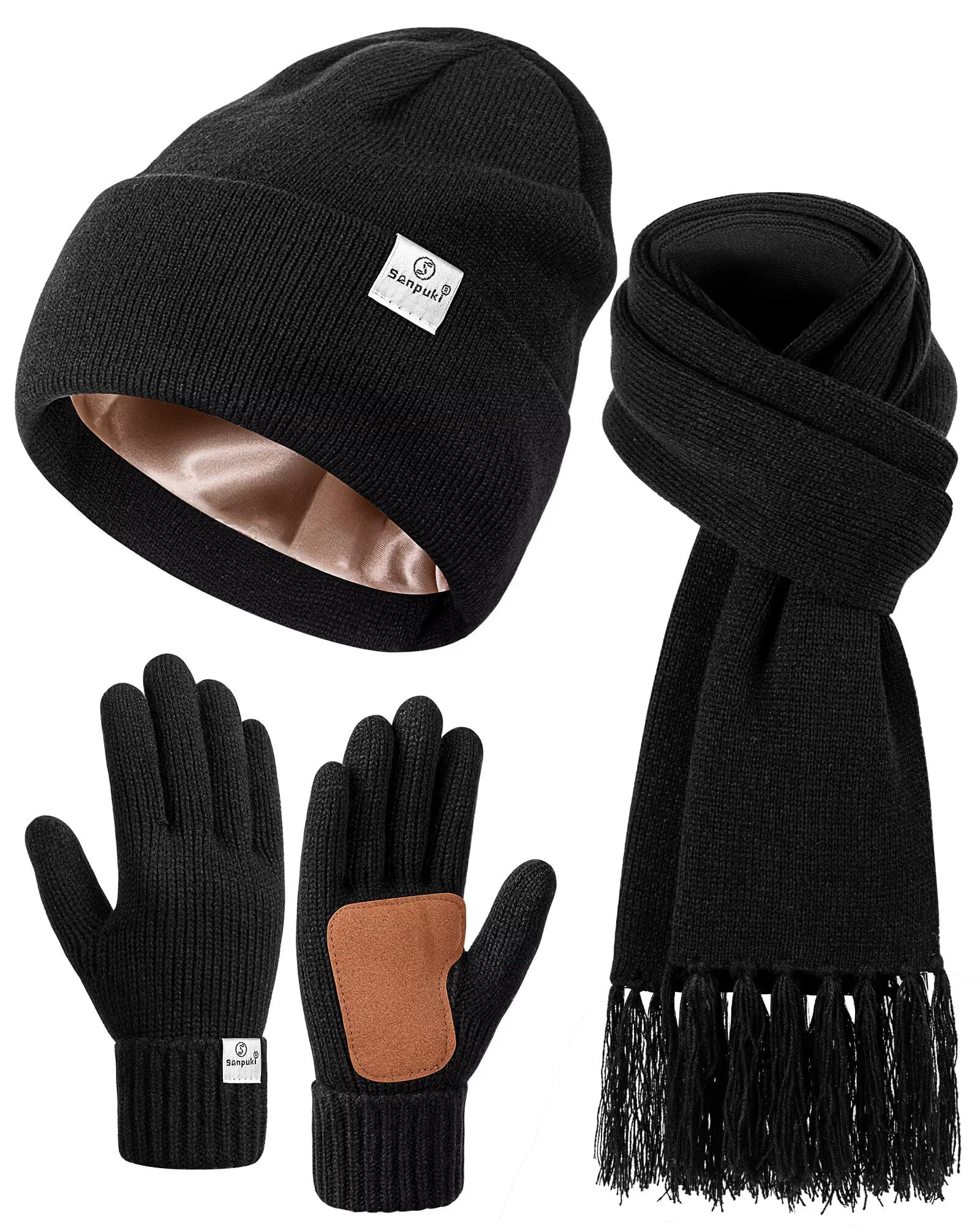 Womens Satin Lined Beanie Scarf Gloves Set Silk Lined Winter Hats Knit Scarf Gloves Gift Set Stocking Stuffers