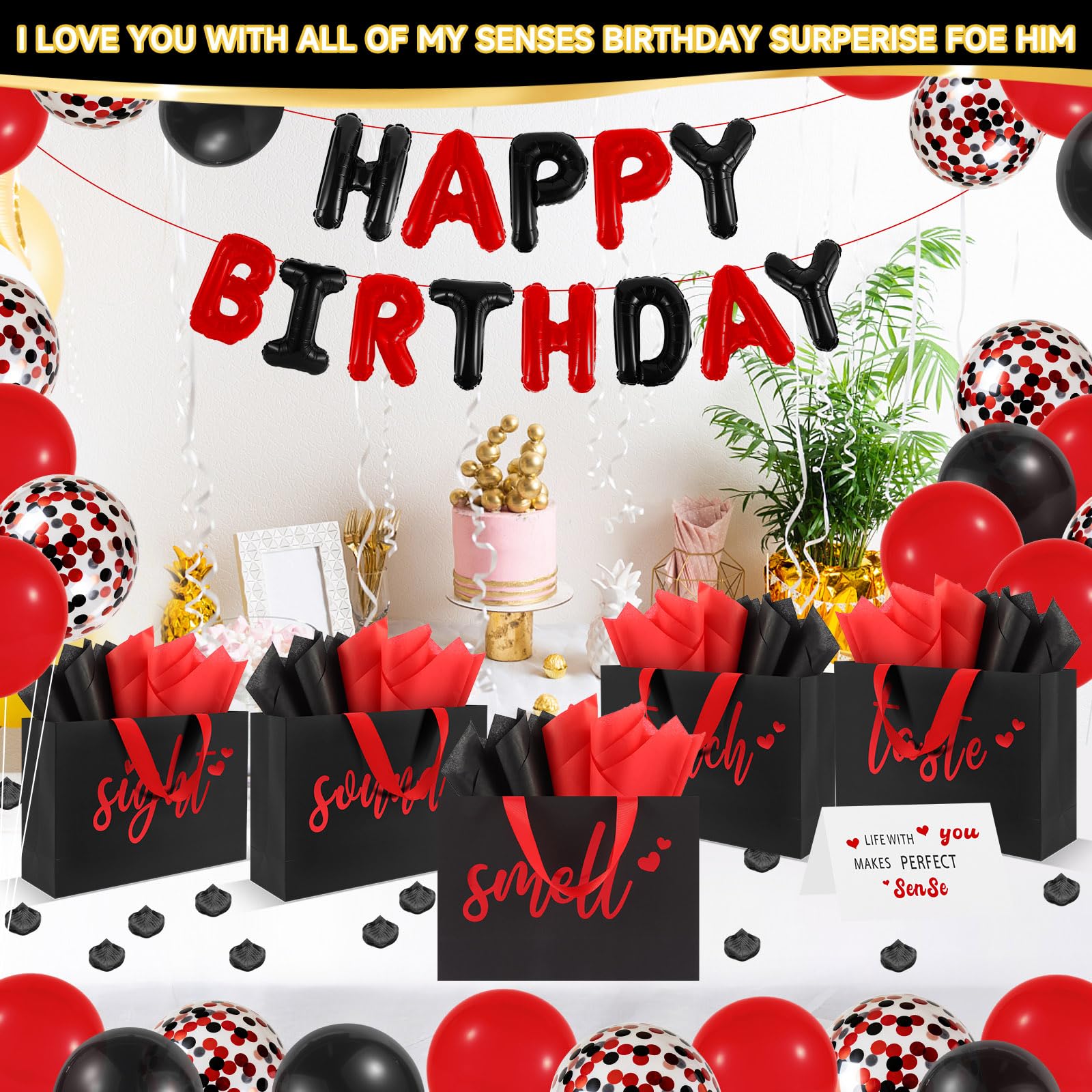 Addblu 5 Senses Gift Bags for Him with Labels Tissue Paper And Handles, 12.6"X8.7"X4" Includes Birthday Decoration Banner, Balloons, Rose Petals & Cards for Him or Her, Husband or Boyfriend (Black with red lettering)
