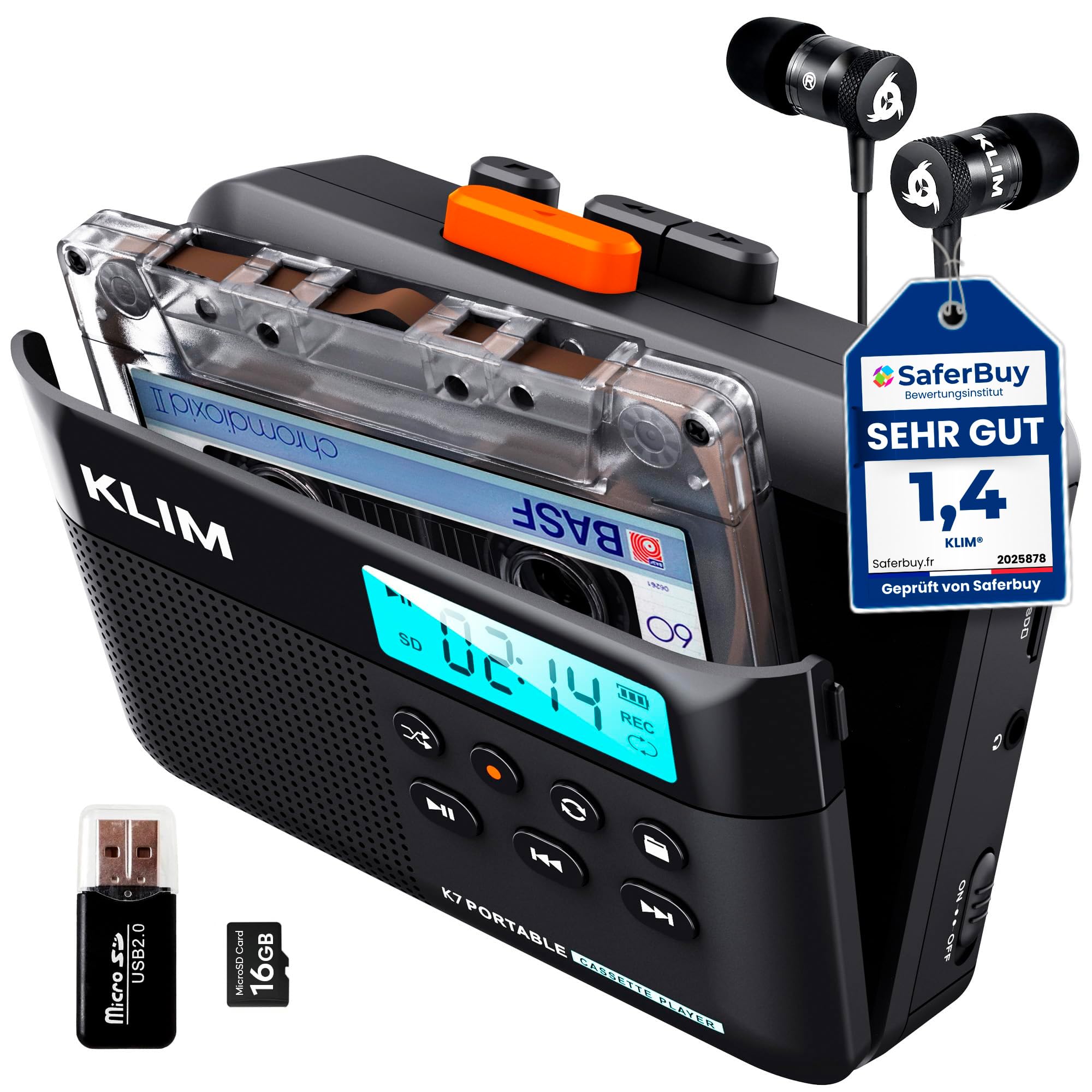 Kassettenspieler 16GB SD-Karte - Cassette Gerät - Kassetten Digitalisieren - Tragbarer Kassettenrekorder - Mikrofon & Lautsprecher - Wiederaufladbarer Aufladbar - Stereoausgang - Schwarz-Orange