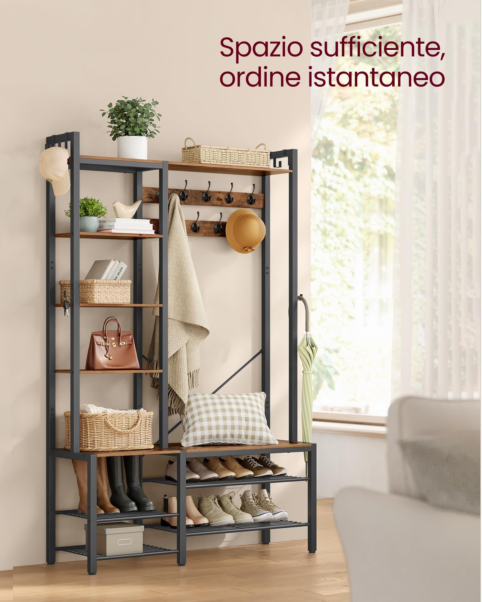 VASAGLE Appendiabiti Ingresso con Panca Scarpiera e 5 Ripiani Portaoggetti, 9 Ganci Attaccapanni e 6 Ganci Laterali, 40 x 120 x 190 cm, Marrone Vintage e Nero Inchiostro HSR426B01