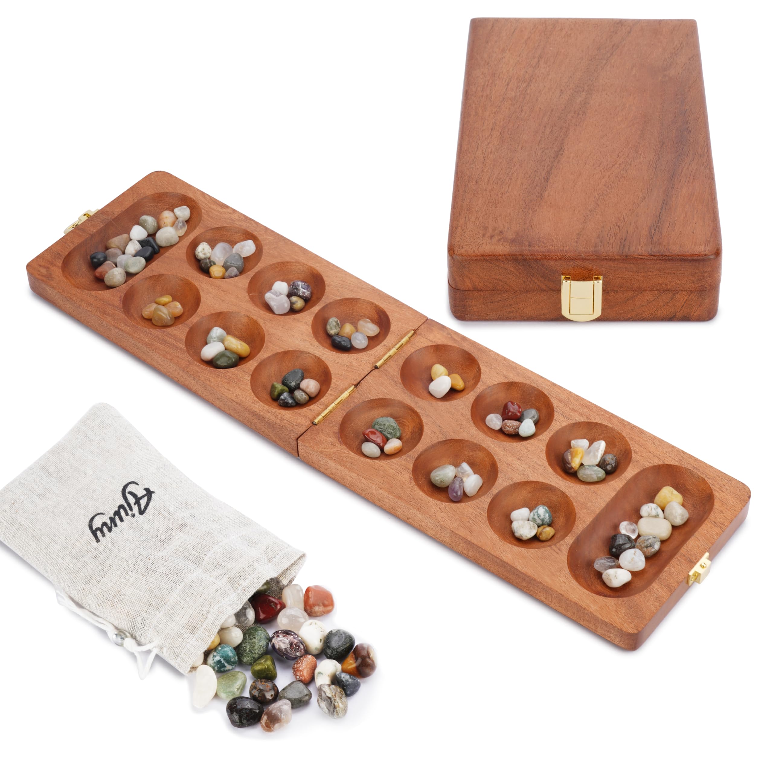 Hsthe Sea Mancala Set di giochi da tavolo Kalaha Gioco da tavolo con tavolo da gioco pieghevole Ciottoli in pietra naturale Famiglie Giochi da tavolo in legno Giochi Gioco strategico
