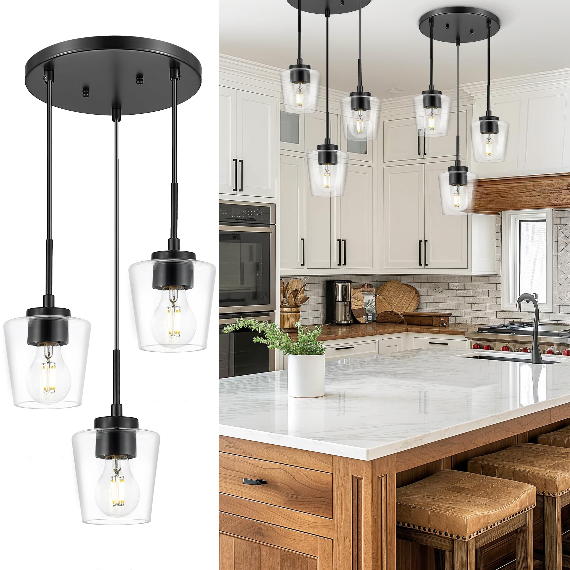 Audickic 3-Light Pendant Light Fixtures, Matte Black Cluster Dining ...