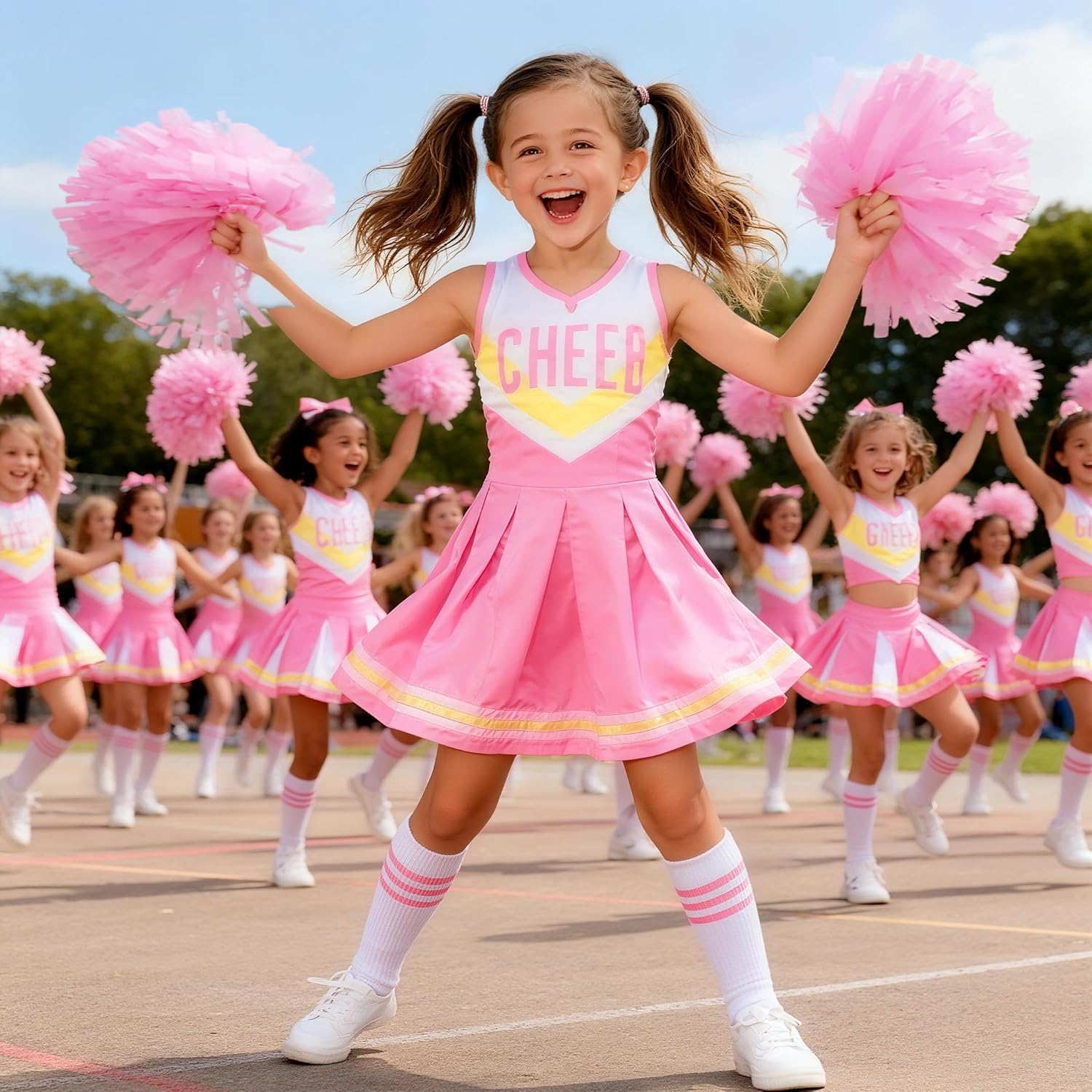 Cheerleader Costume for Girls Cheerleader Outfit for Kids Cheerleading Dress with Pom Poms for Halloween Dress Up - Image 2