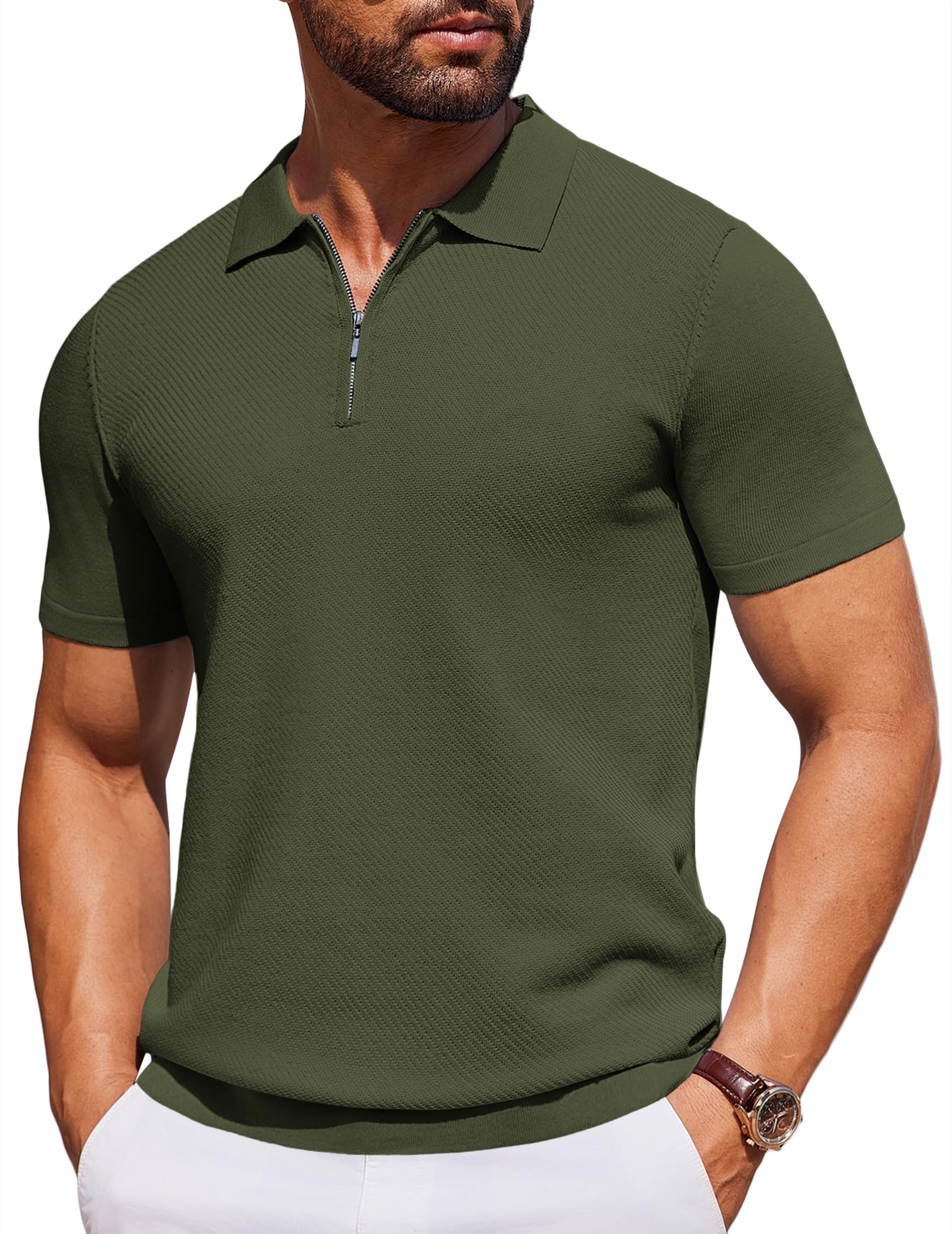 COOFANDY Mens Casual Quarter Zipper Knit Polo Shirts Short Sleeve Summer Beach Shirt Textured Jersey Tops