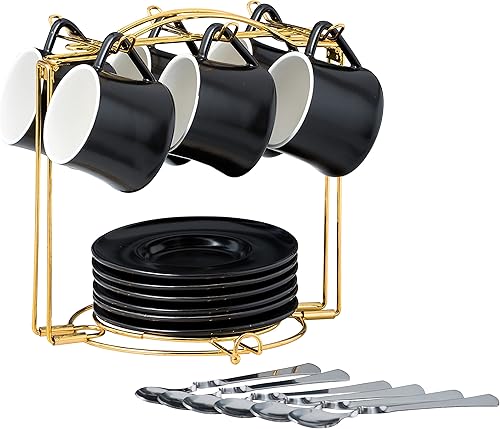 Jusalpha Juego de 6 tazas y platillos de café expreso de 4 onzas con cucharas y portavasos, tazas de capuchino, juego de tazas de té para encimera,