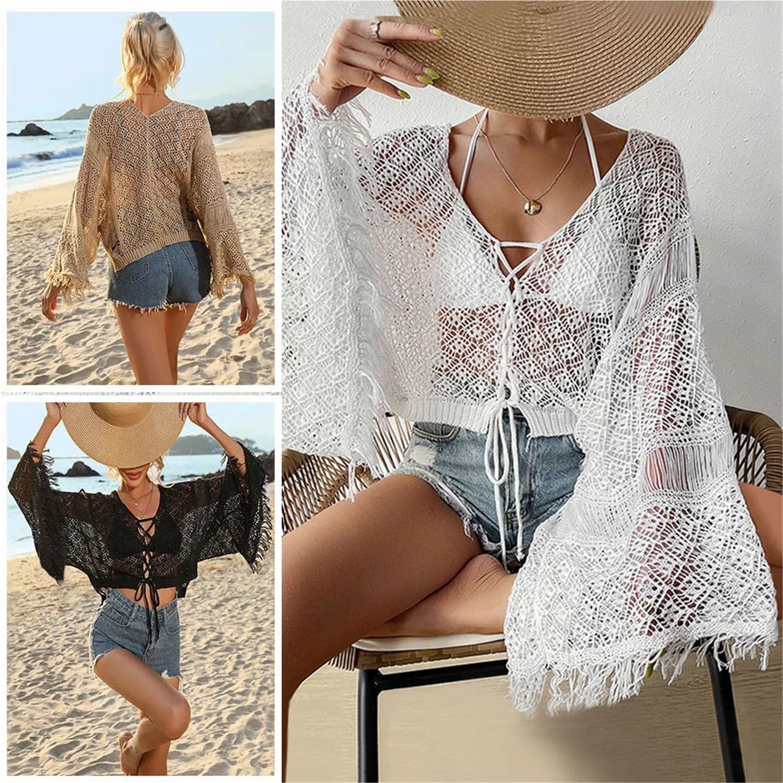 Copricostume Mare Copricostume da Spiaggia da Donna in Maglia all'Uncinetto con Conchiglie, con Nappa e Allacciatura sul Davanti, Maniche Lunghe Svasate, Bikini con Protezione Solare(Black,S)