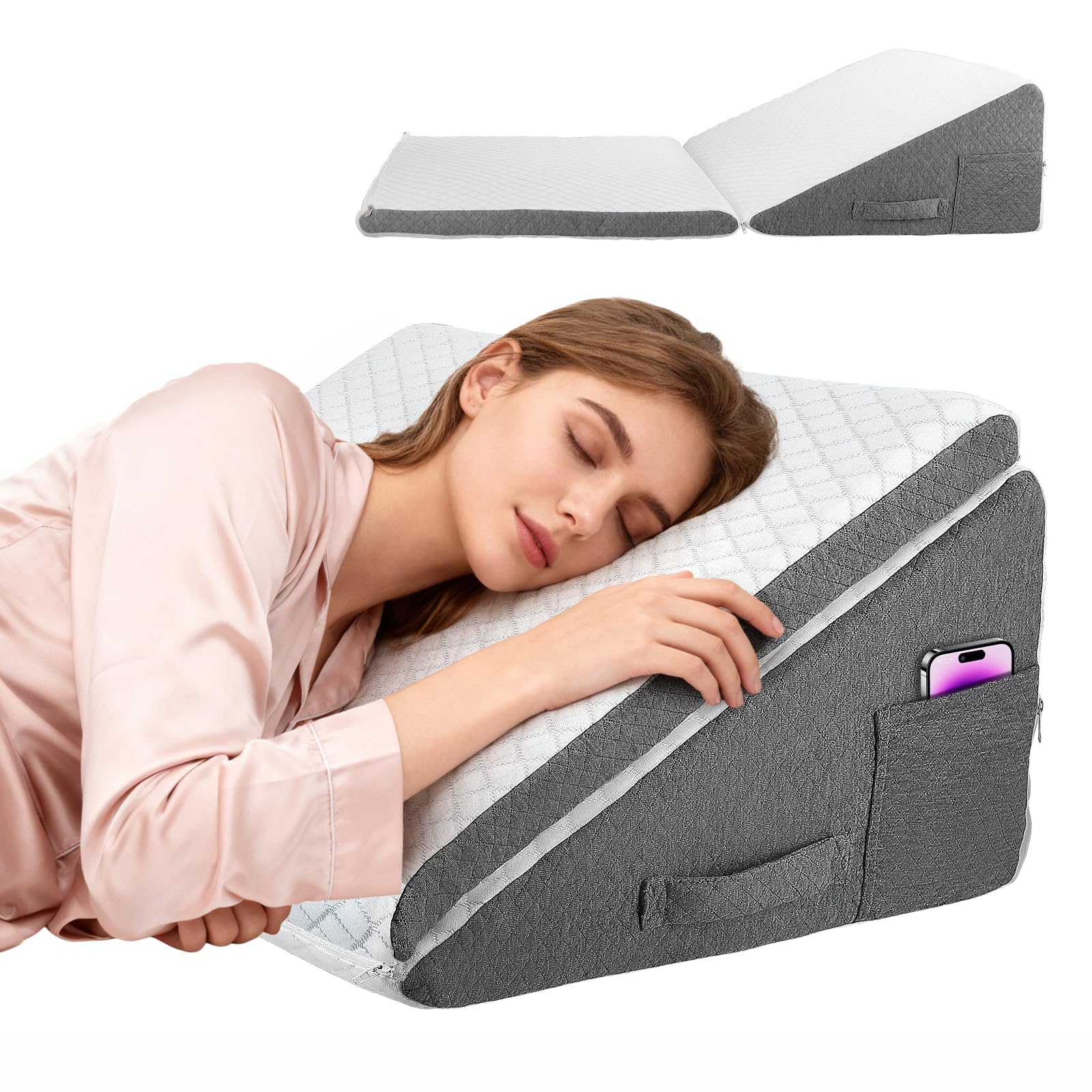 Cuscino a cuneo per letto e divano con memory foam, 50 x 50 x 26 cm, regolabile in altezza, cuscino da lettura per divano/letto, cuscino multifunzionale per seduta e gambe, federa lavabile, per un