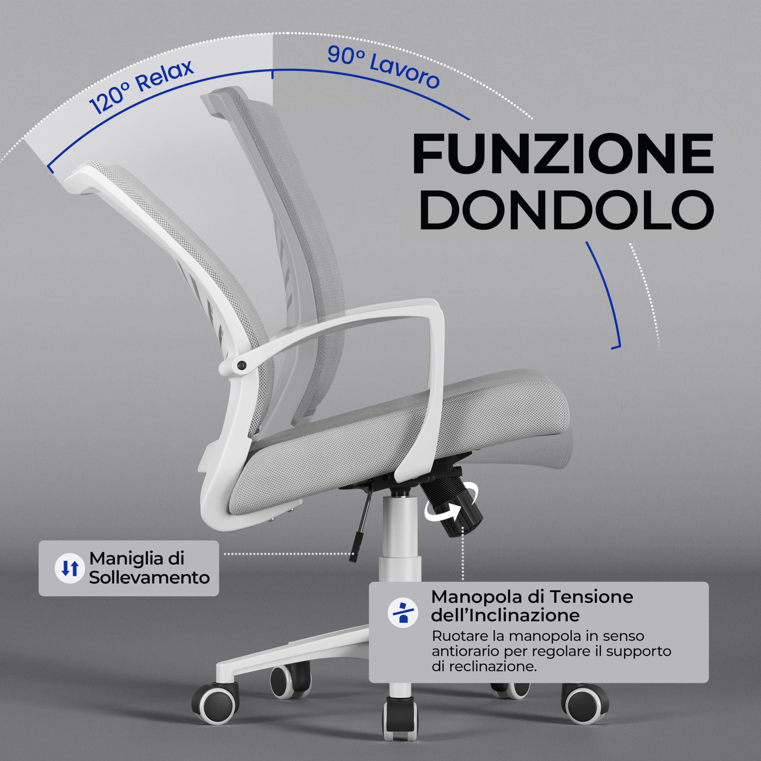 Yaheetech Sedia da Scrivania Ufficio Ergonomica a Rotelle Girevole Reclinabile in Rete Traspirante con Braccioli Altezza Regolabile Portata 136 kg Grigio Chiaro