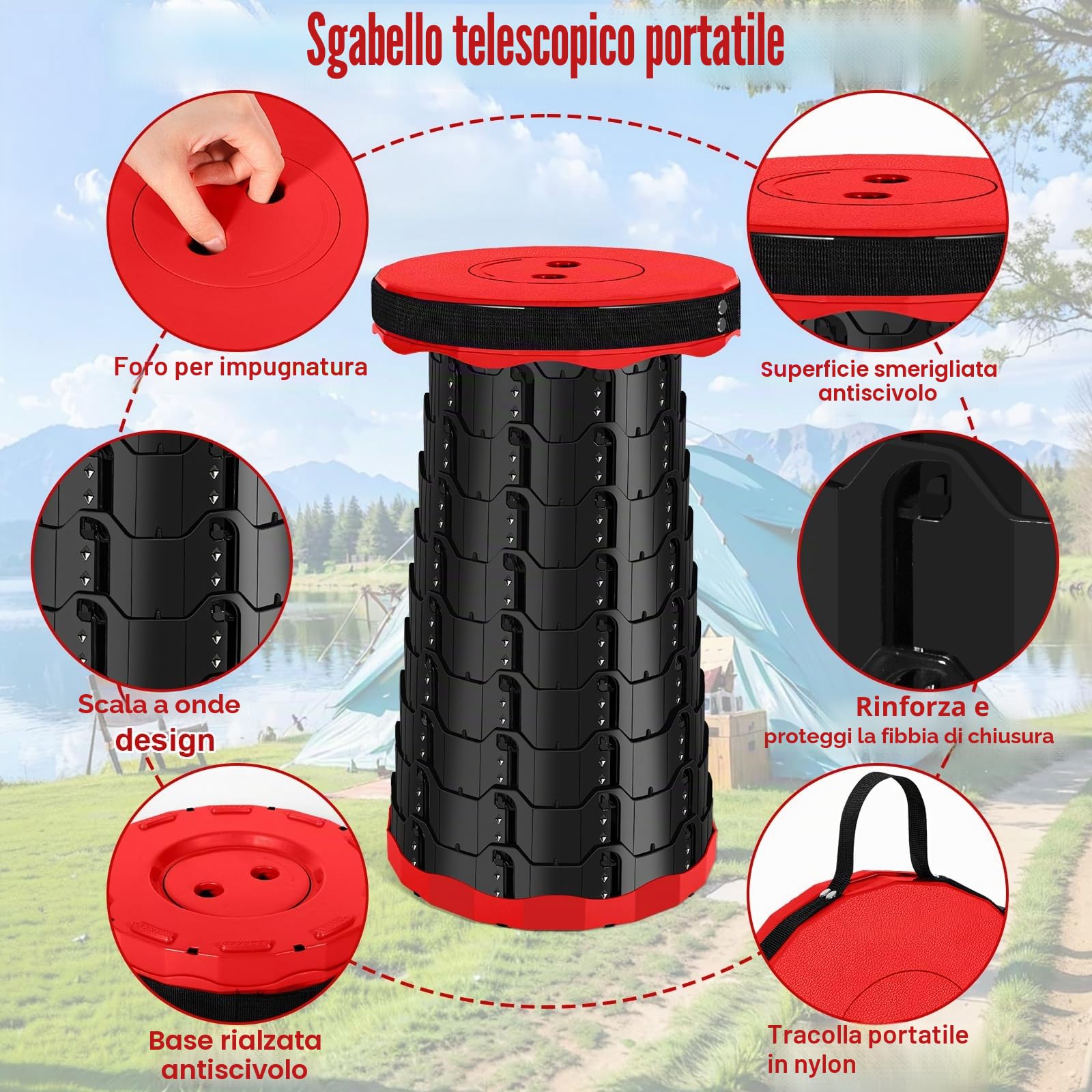 Sgabello Pieghevole Portatile, Sgabello Telescopico, Sgabello da Campeggio Leggero, Altezza Regolabile, Ideale per Campeggio, Giardino, Escursionismo, Pesca, Capacità di Carico 180 kg (Rosso, 1)