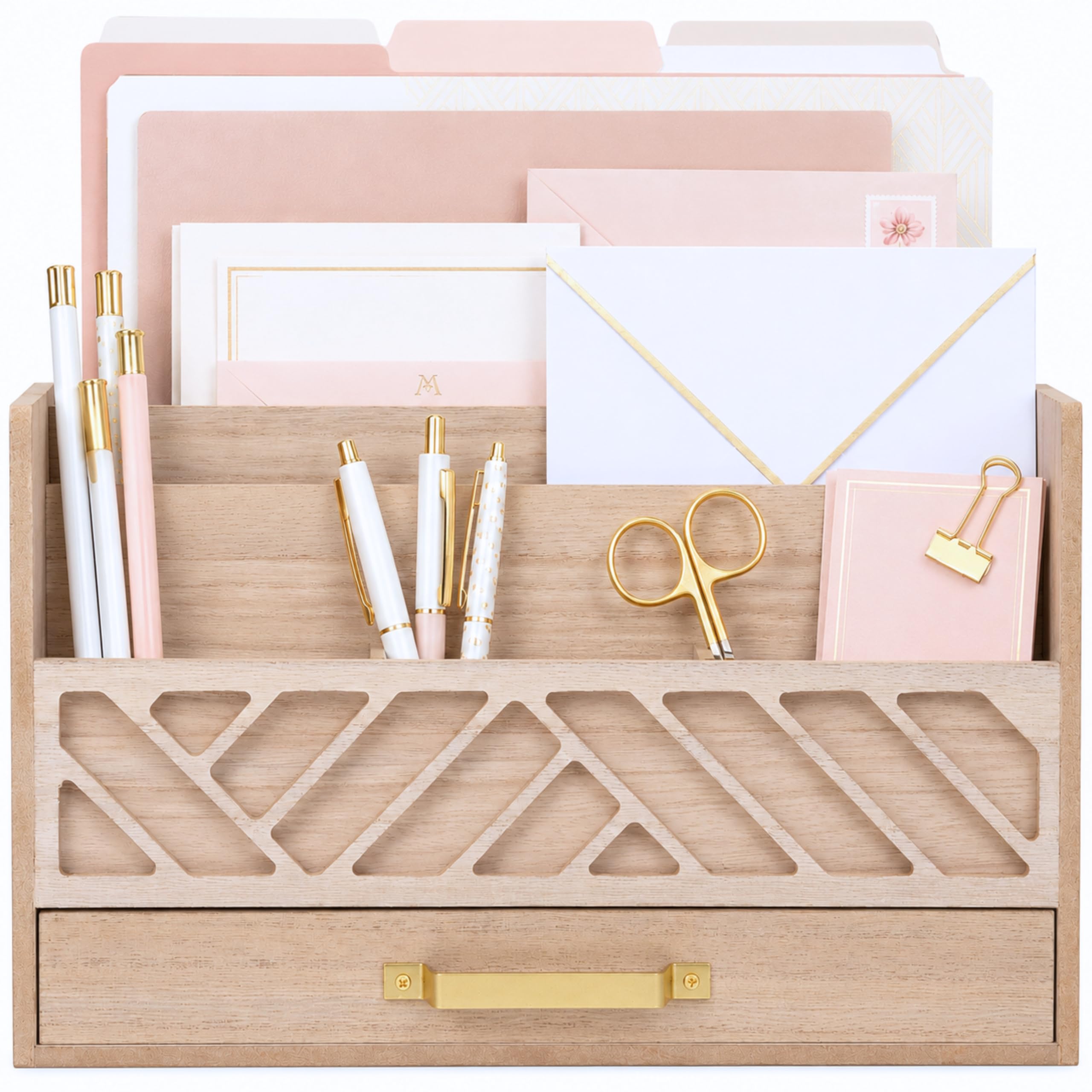 BLU MONACO Natural Mail Organizer with Drawer and Gold Handle – Desktop Mail Holder and Office Supplies Storage – Home Office Desk Accessories – Letter Sorter and Paper Organizer — image 1