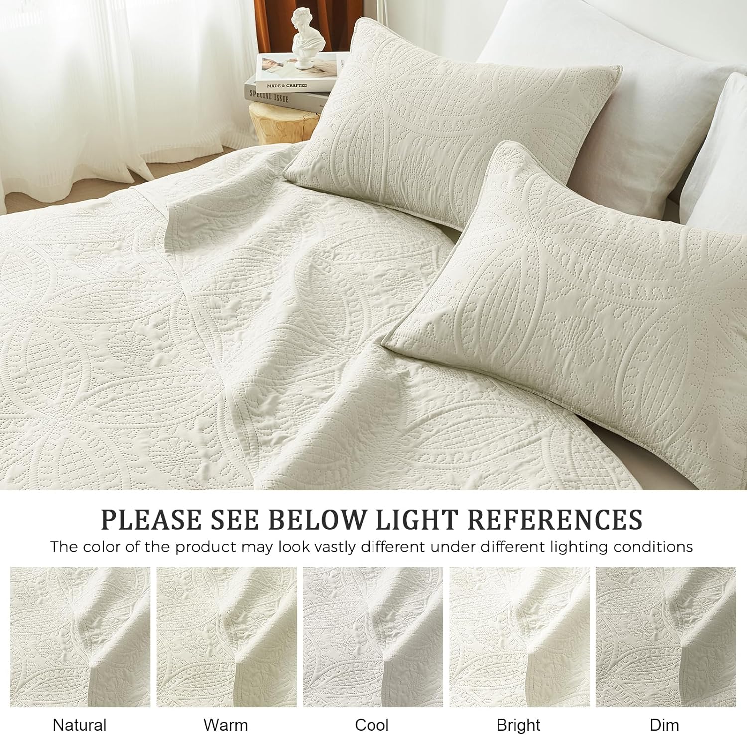 akkialla King/Cal King Quilt Set,Cream Lightweight Bedspread with Coin Pattern, Soft Microfiber Coverlet for All Seasons, Breathable and Skin-Friendly Fabric (1 Quilt, 2 Pillow Shams) - Image 5