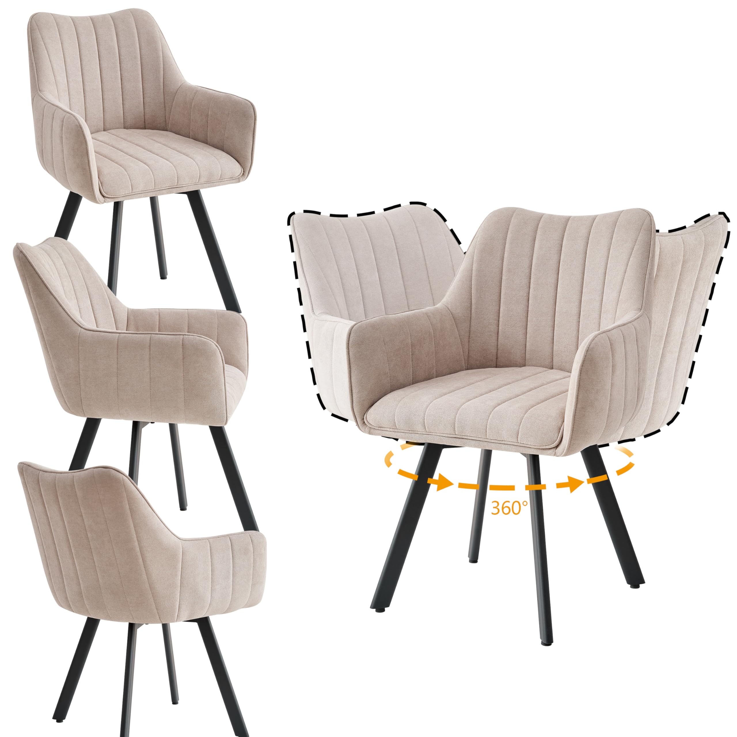 Set di 4 Sedie da Pranzo con Braccioli, Sedie da Cucina Imbottite in Lino, Gambe in Metallo Girevoli a 360°, Adatte a Sale da Pranzo, Cucine e Soggiorni, Beige