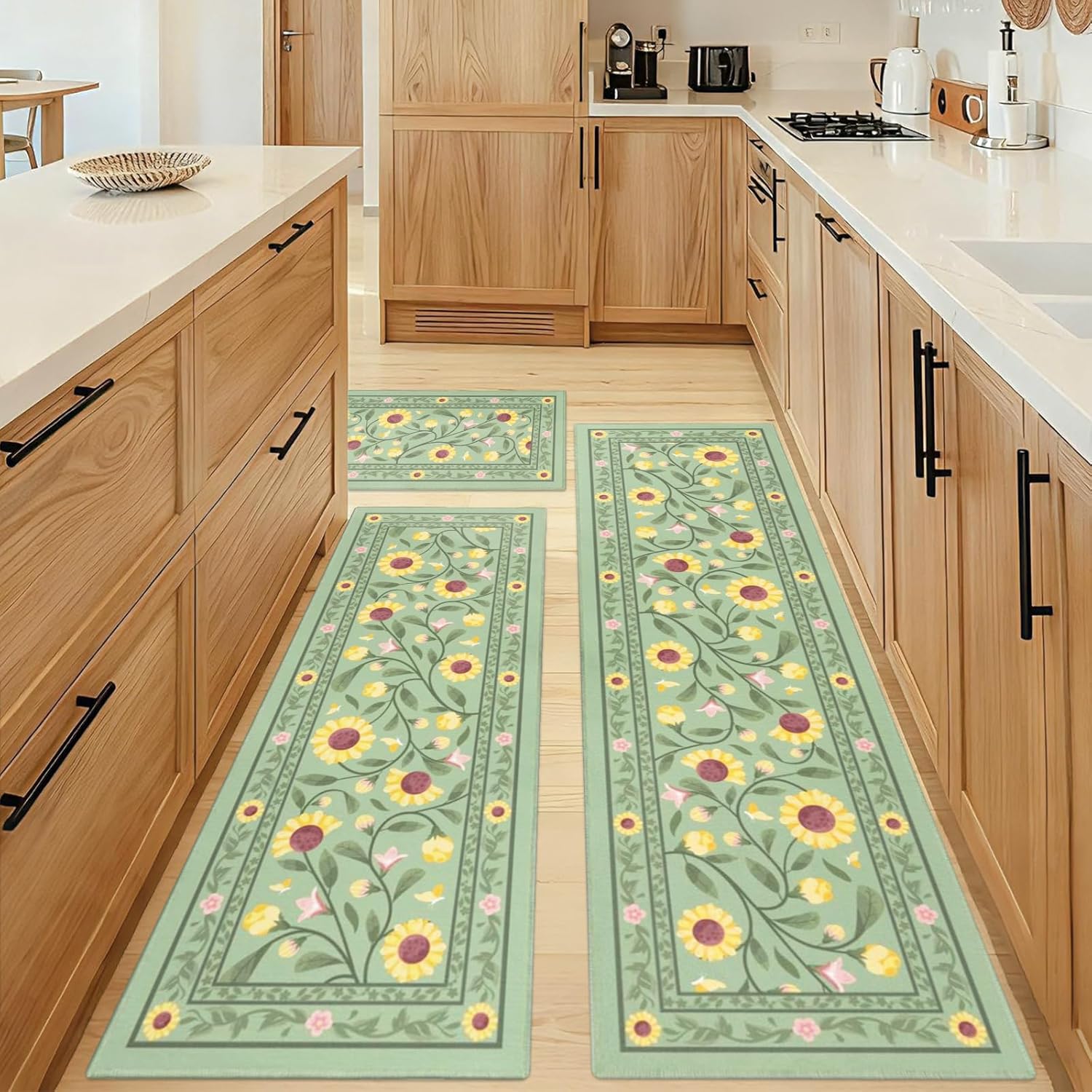 Boho Sunflower Kitchen Rugs Sets of 3, Flower Yellow Sage Green Kitchen Mat for Floor Area Runner Rug Washable, Farmhouse Sage Green Kitchen Decor and Accessories