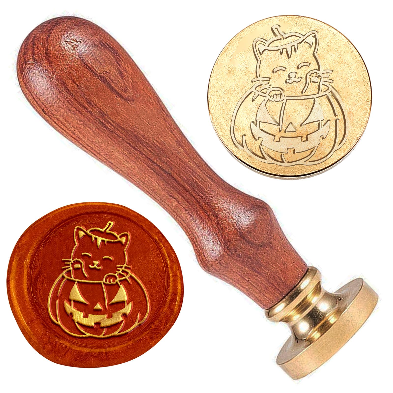DELORIGIN Cat Wax Sealing Stamp, Halloween Wax Stamp with Wooden Handle 1" Pumpkin Wax Seal Stamp Kit for Envelopes Invitation Cards Wine Packages Halloween Greeting Cards Decoration