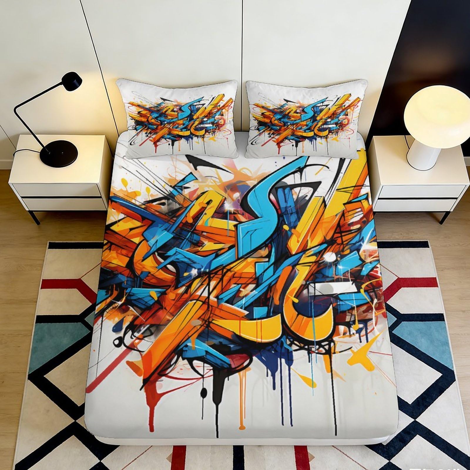 3D Printed Graffiti Art Fitted Sheet Microfiber Vibrant Abstract Bed Cover with Anti-Slip Protection Machine Washable for Bedroom Dormitory 120x200x25cm