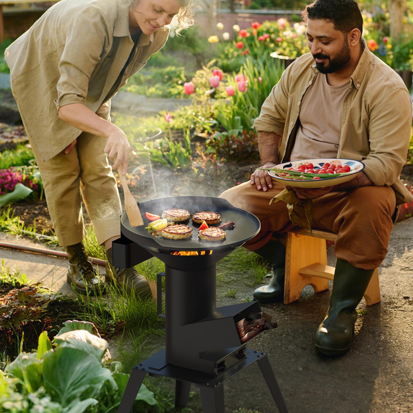 Onlyfire Forno a Razzo da Esterno con Supporto, Stufa a Legna, Fornello da Campeggio Multifunzionale 3 in 1 con Griglia di Cottura, Piastra e Supporto per Pentole per Cucinare All'aperto e in Giardino